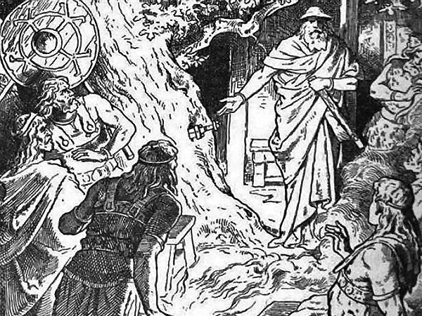 Wedding guests staring at the sword Odin has thrust into the oak:https://en.wikipedia.org/wiki/Sigmund#/media/File:Sigmunds_Schwert_(1889)_by_Johannes_Gehrts.jpg-Viking Dragon Blogs