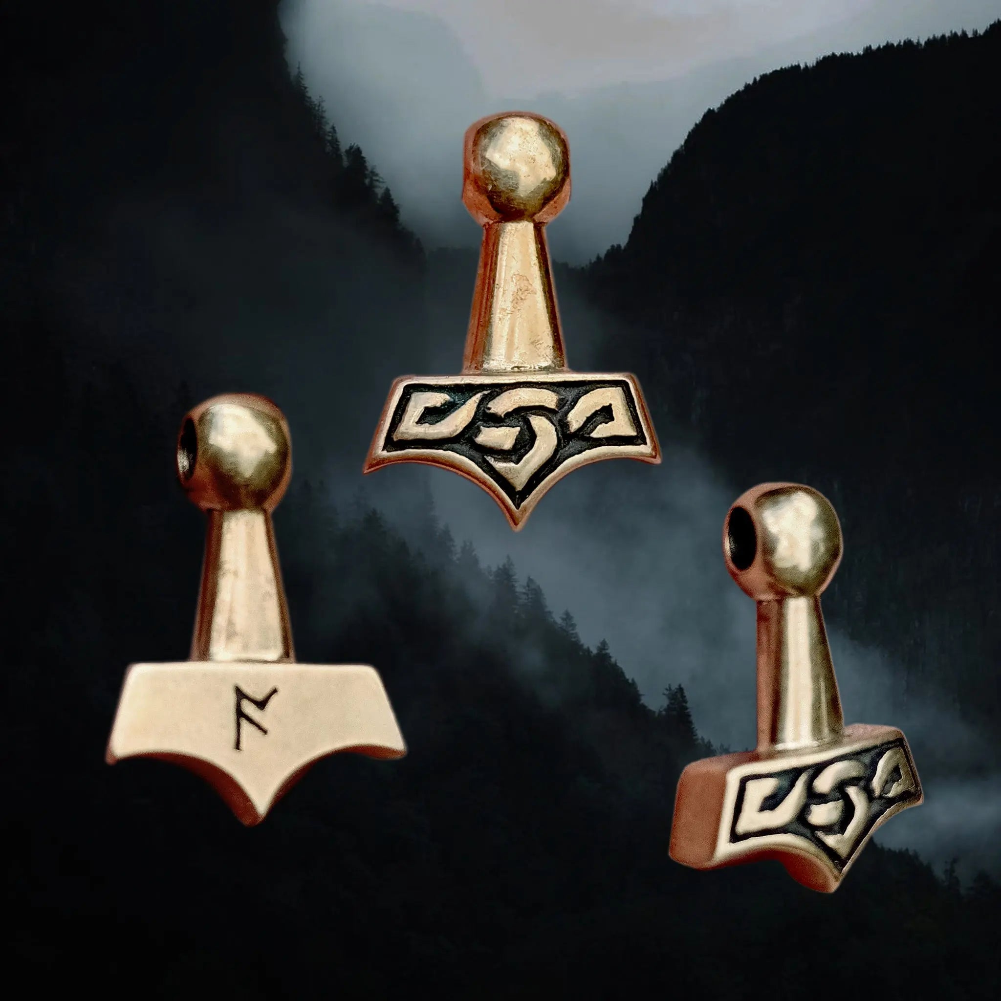 Small Bronze Knotwork Thors Hammer Pendant - Different Angles