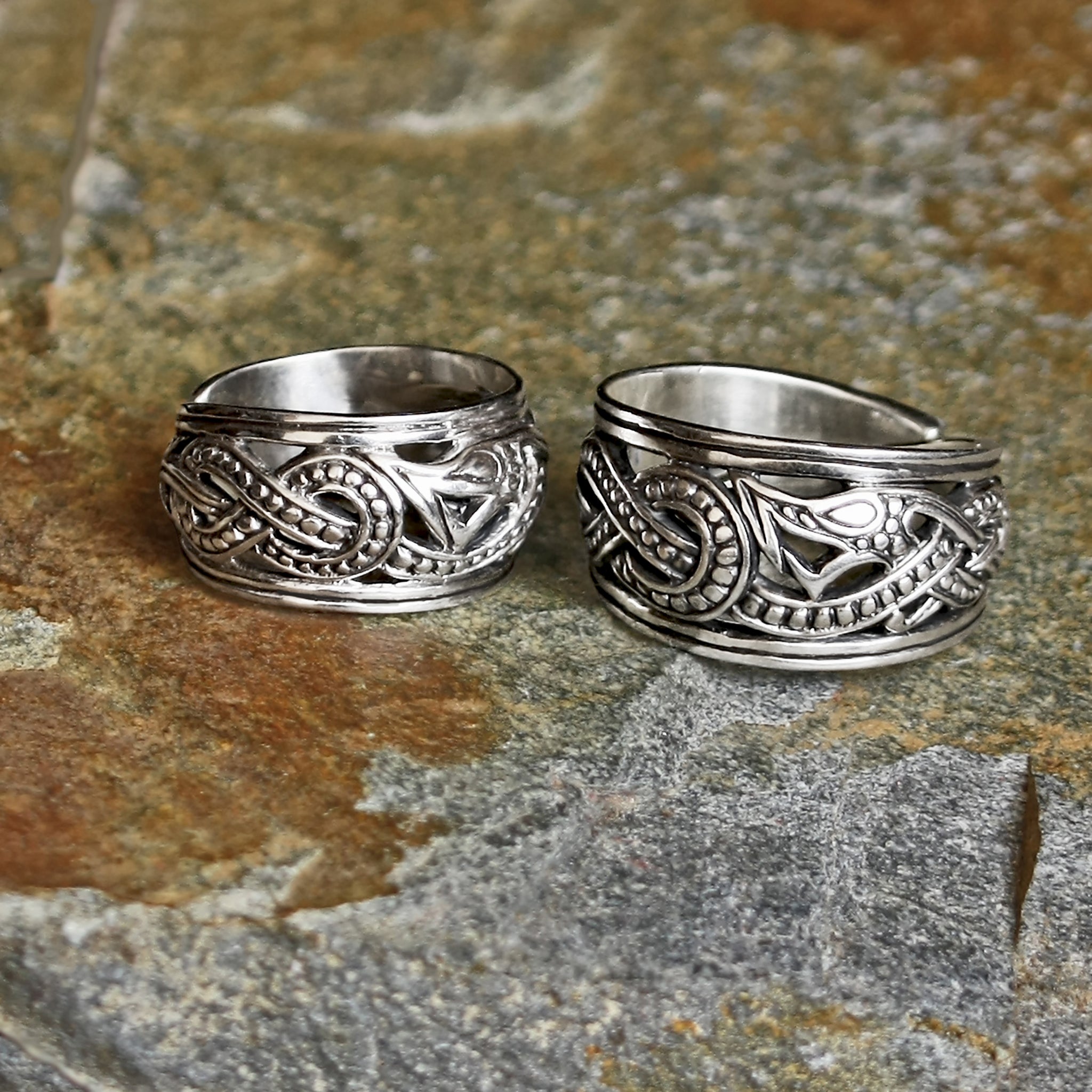 Silver Openwork Ringerike Viking Dragon Rings on Rock - Small & Large Sizes