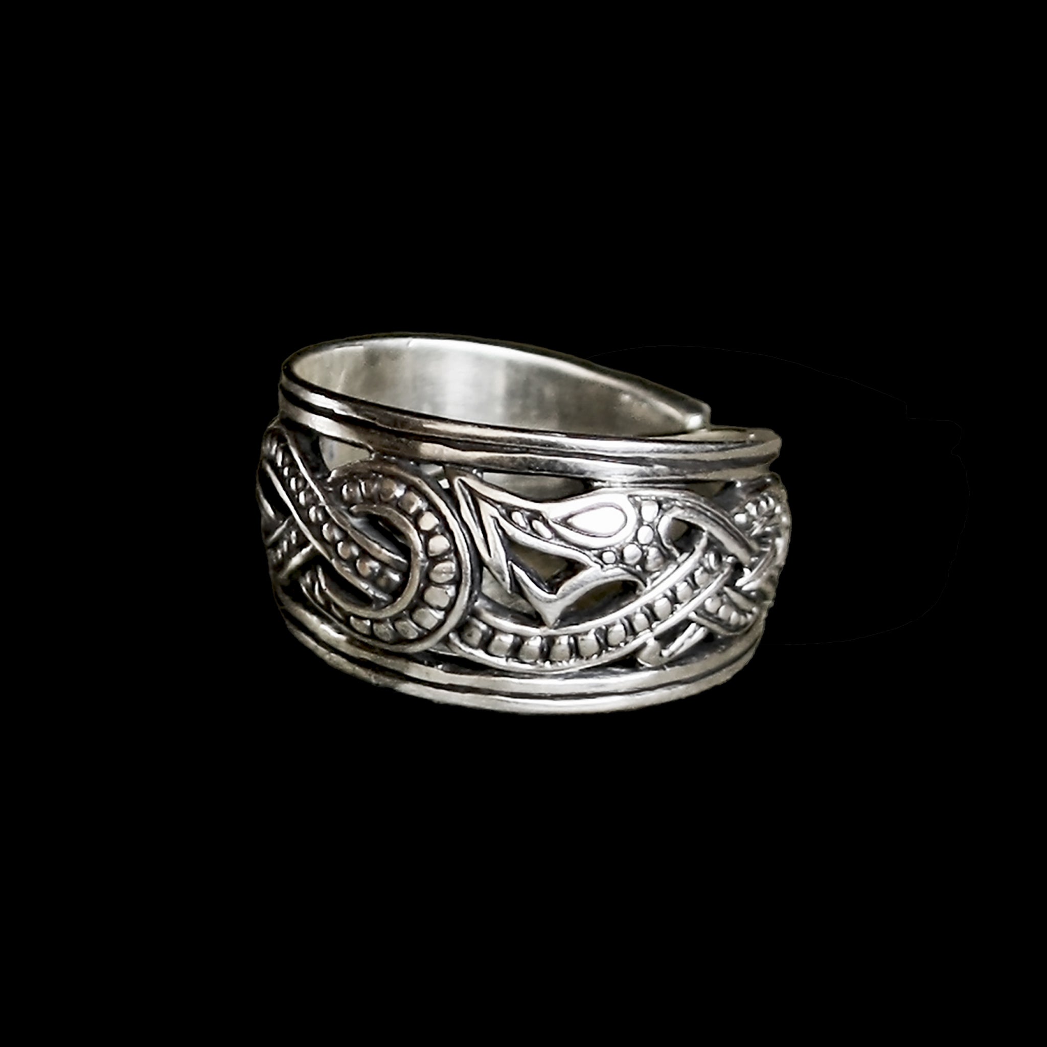 Silver Openwork Ringerike Viking Dragon Ring - Large