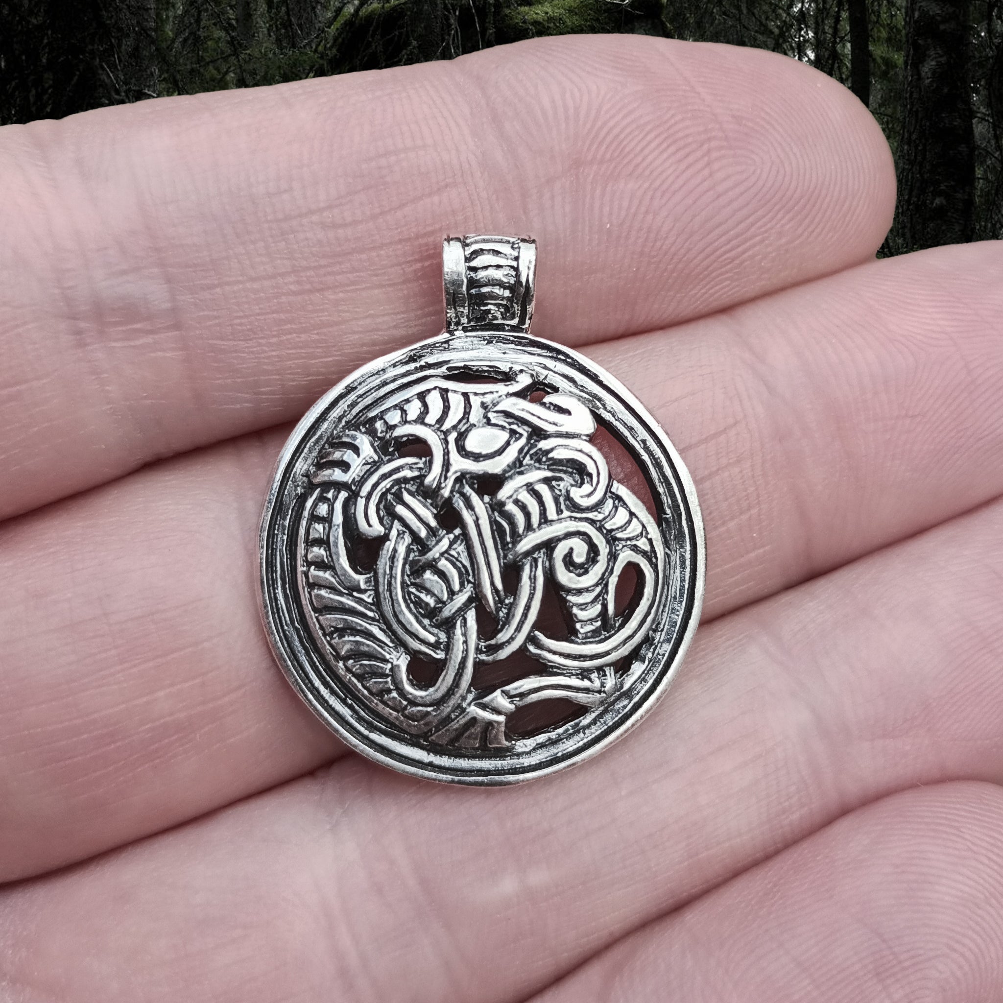 Round Viking Dragon Beast Pendant in Silver or Bronze - Viking Jewelry