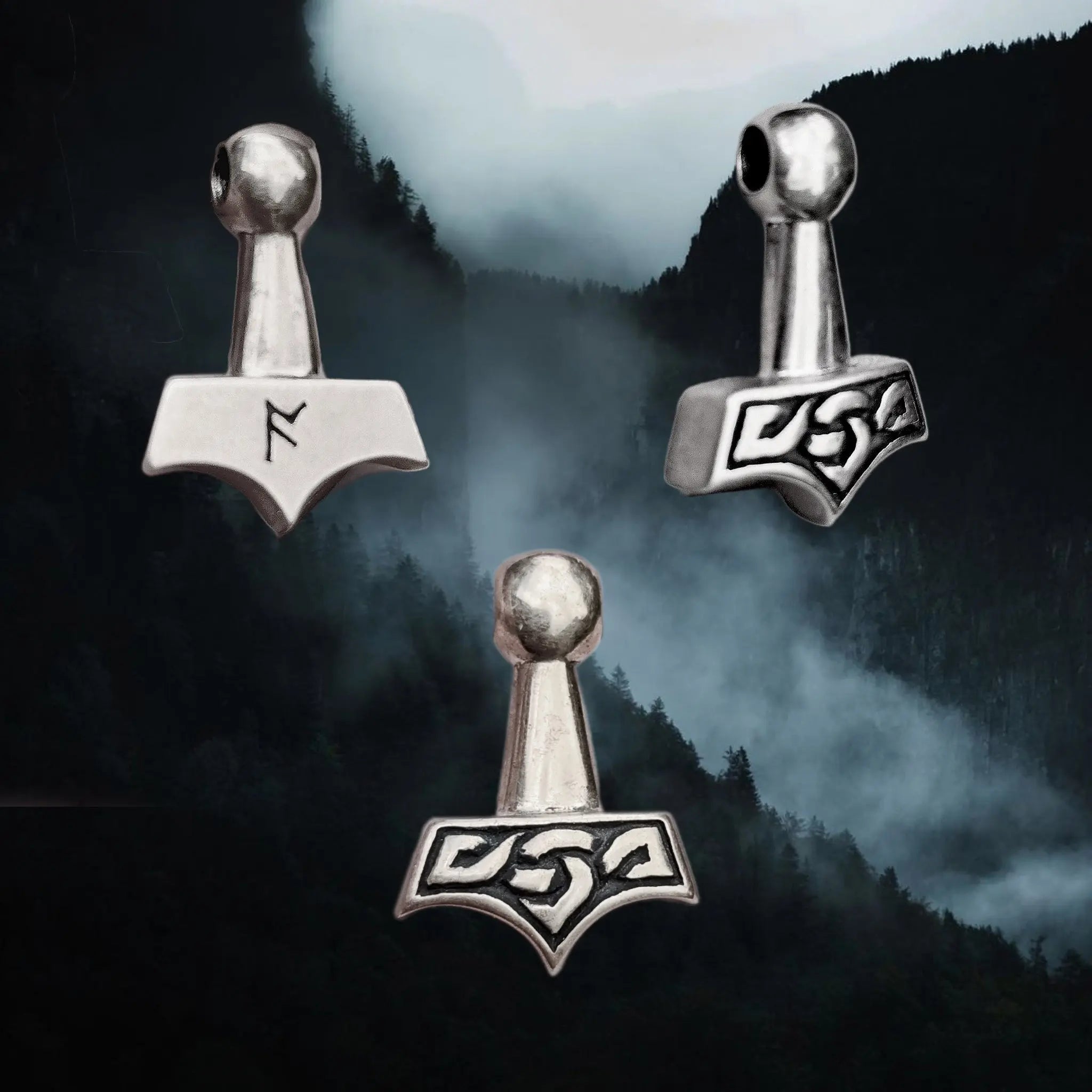 Small Silver Knotwork Thors Hammer Pendant - Different Angles