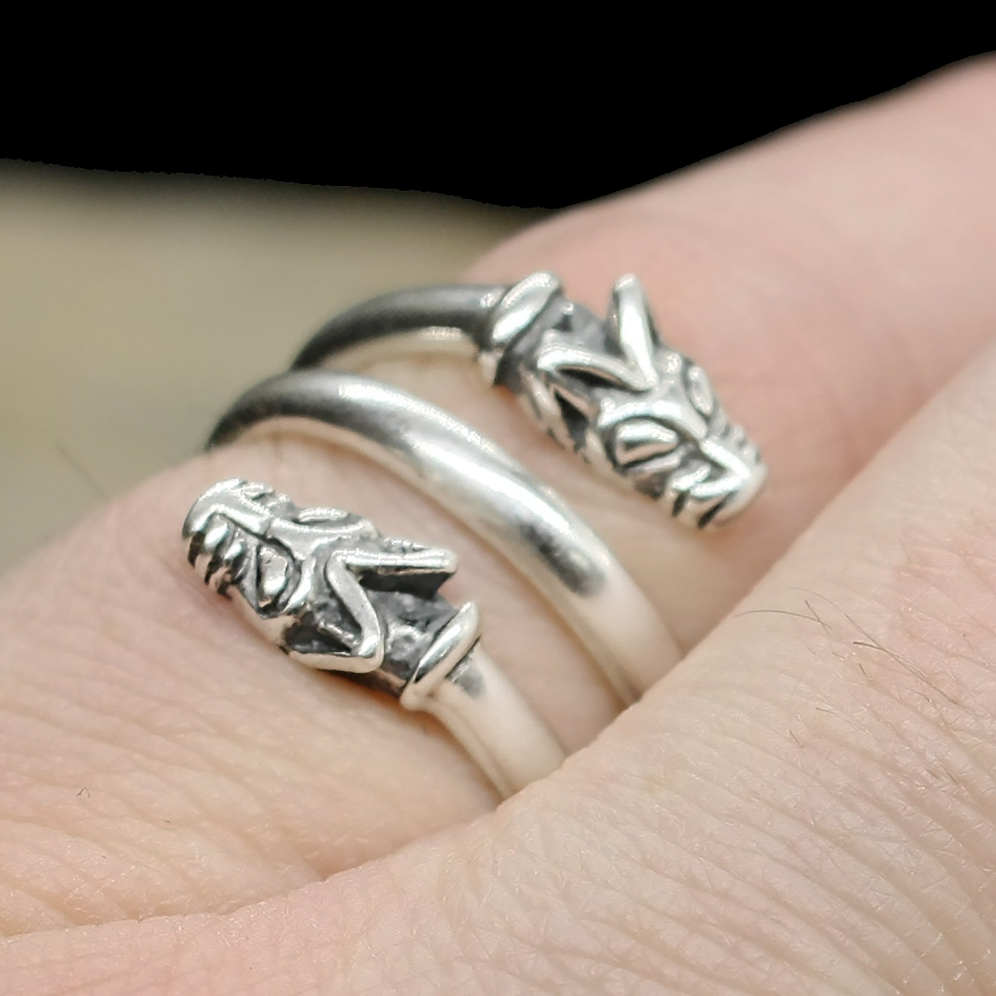 Sterling silver spiral ring with two Icelandic Viking wolf heads - Small Size