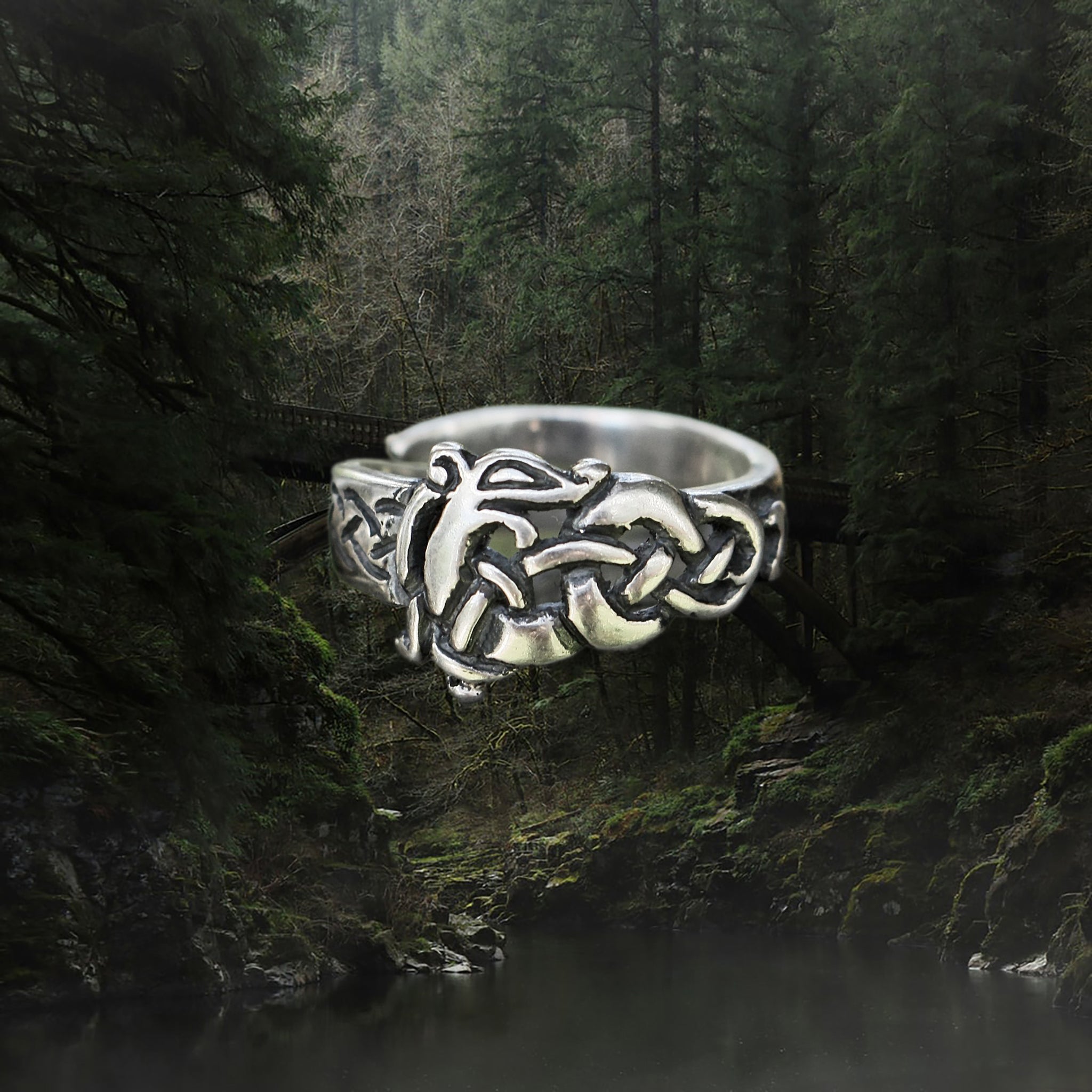 Silver Urnes Viking Dragon Ring - Small Size