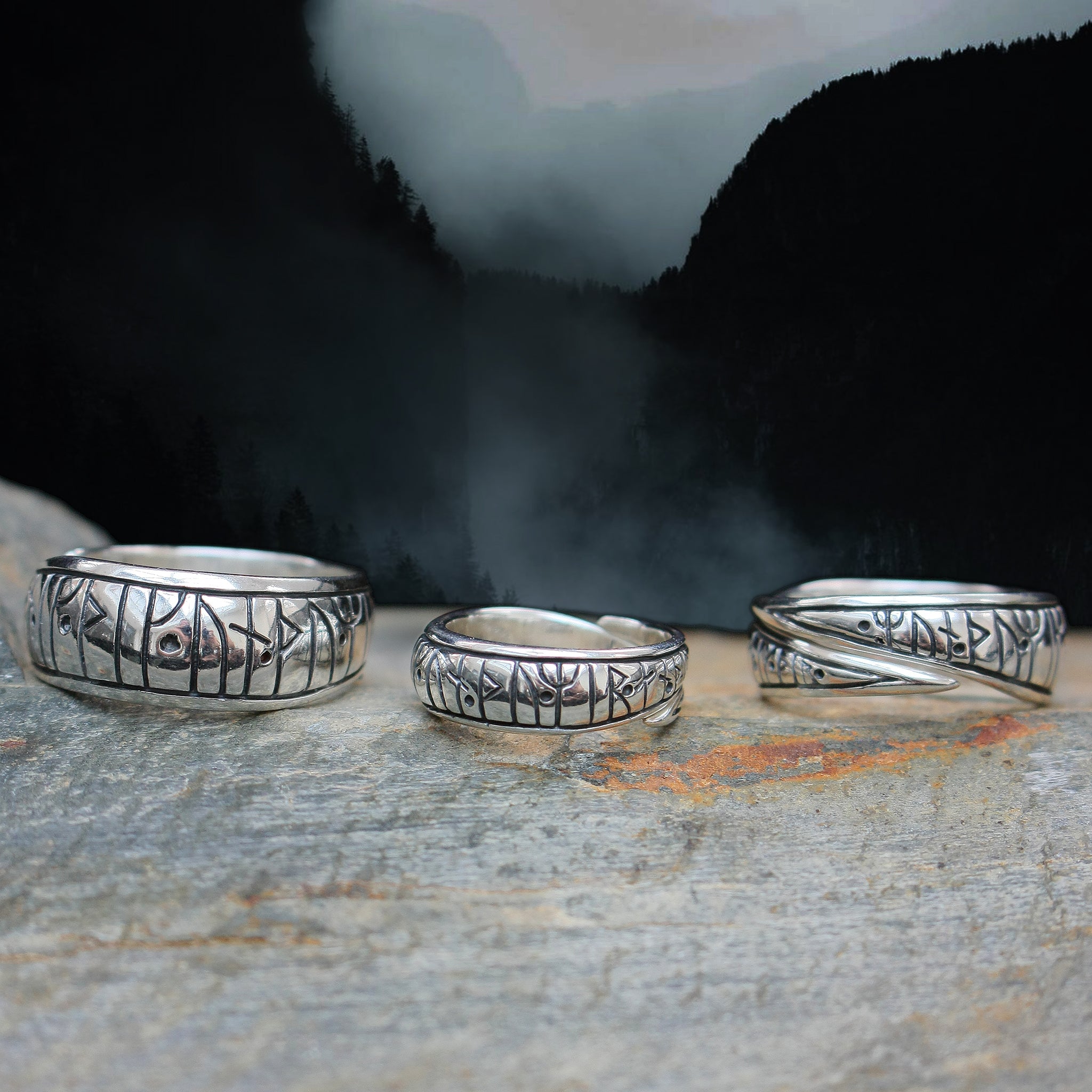 Sterling Silver Runic Viking Love Rings on Rock - 3 Sizes