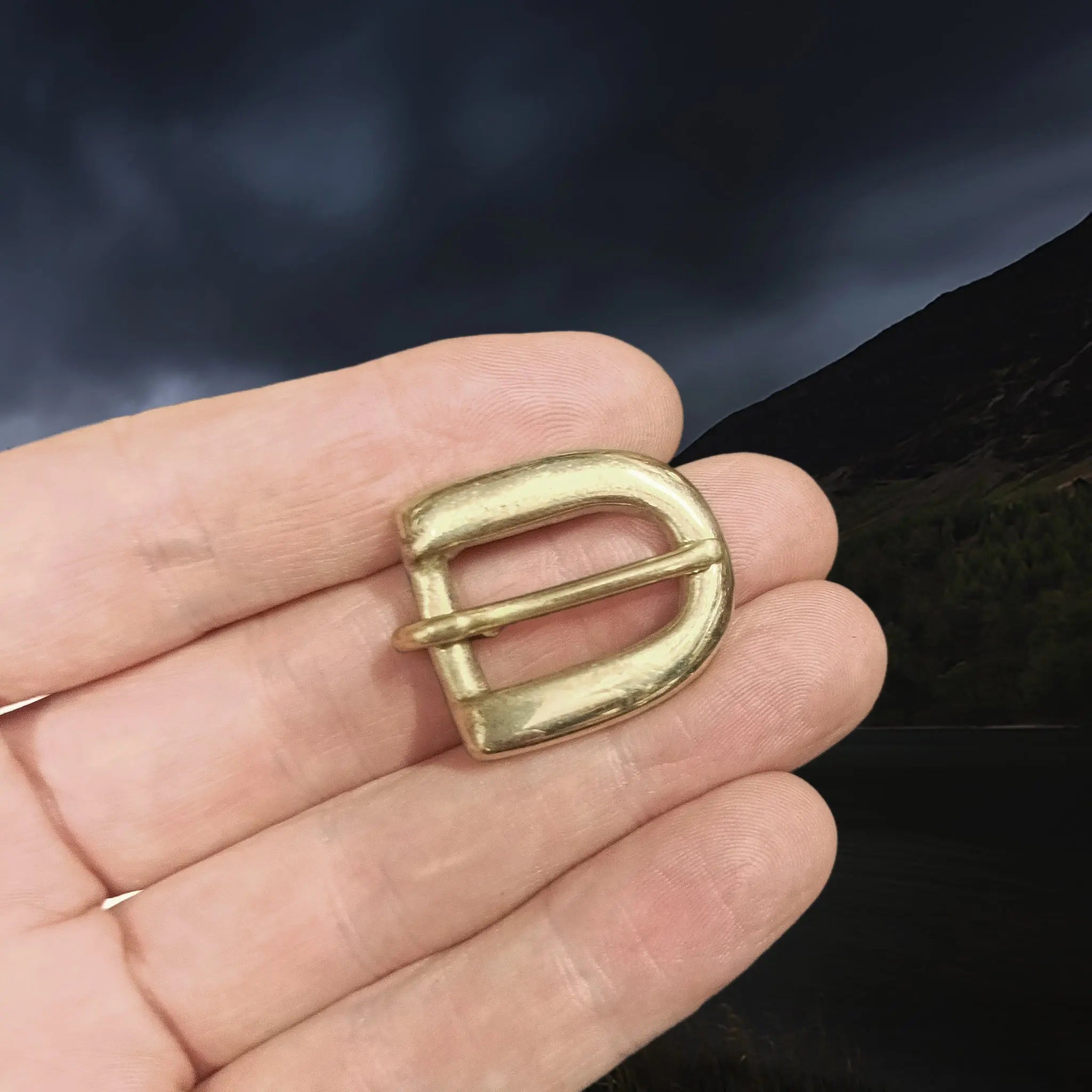 Brass Reenactment D-Buckle on Hand - 12mm (0.5 Inch) Width