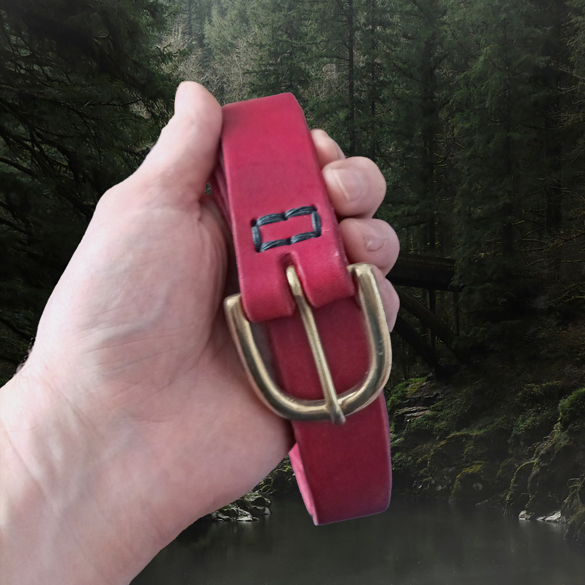 32mm Wide Long Red Leather Viking Belt with Brass Buckle in Hand