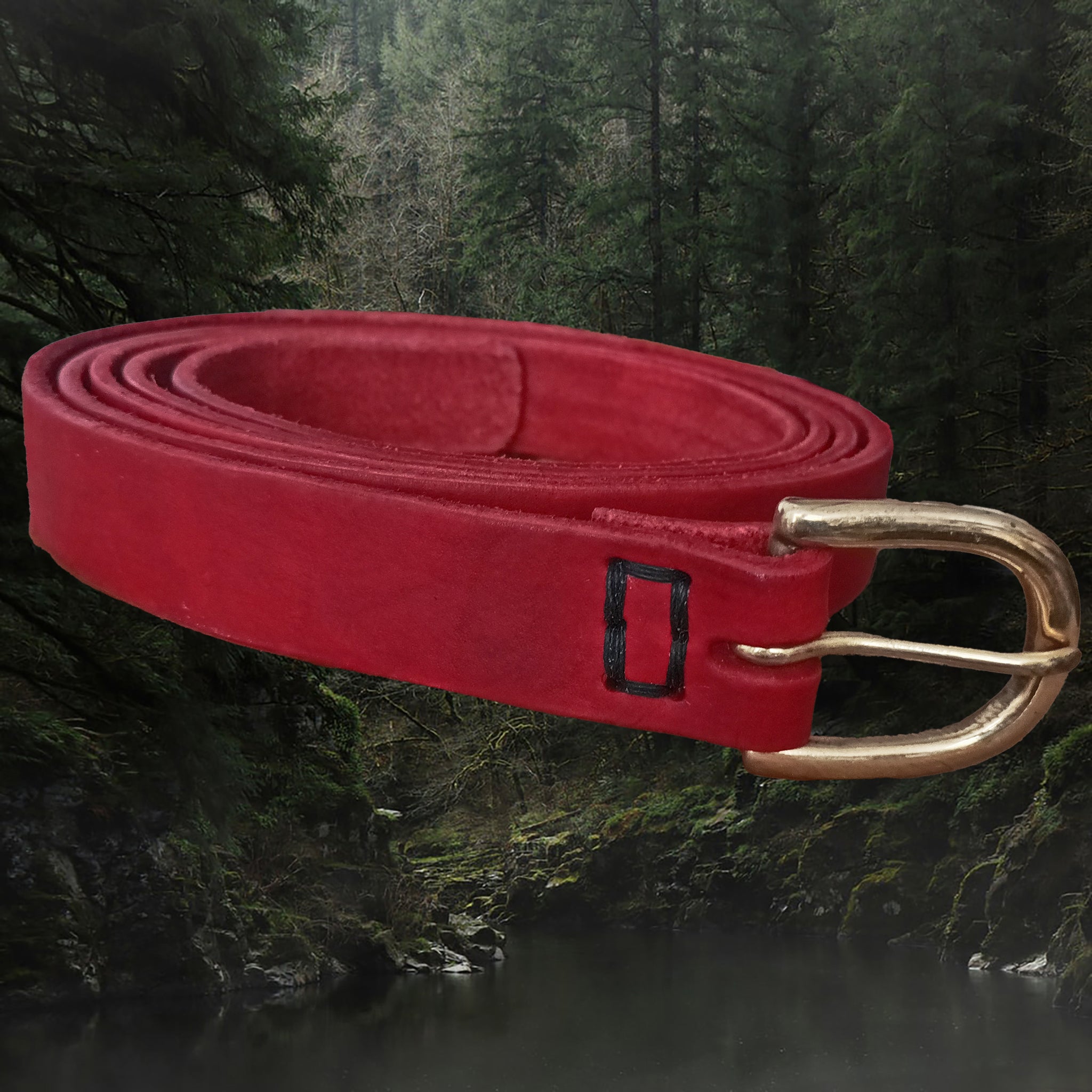 32mm Wide Long Red Leather Viking Belt with Brass Buckle