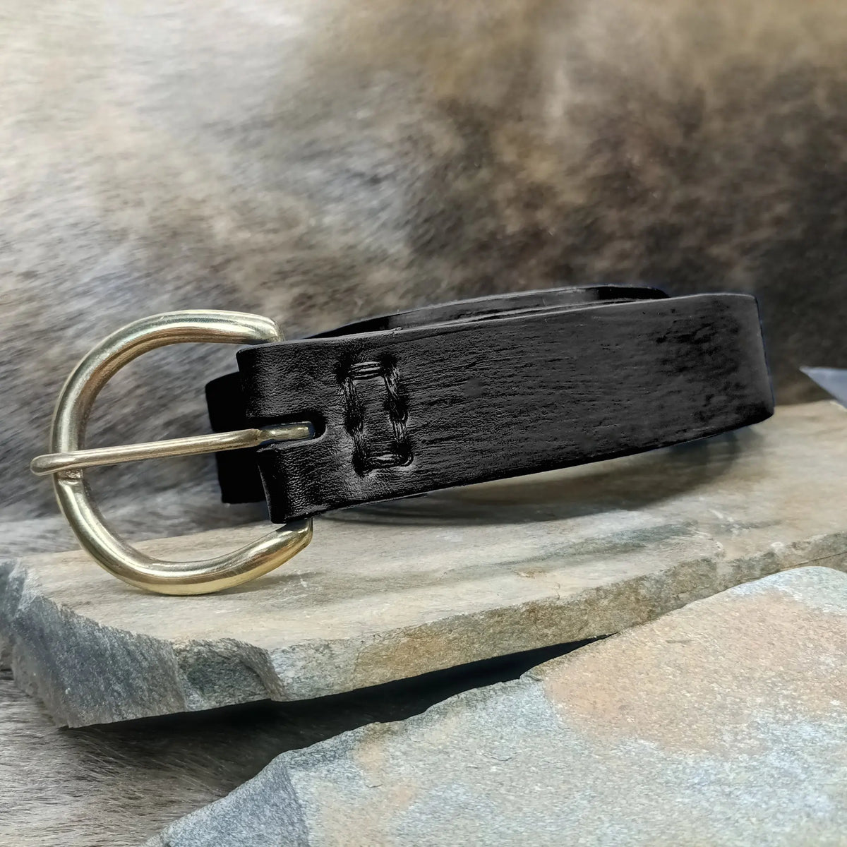 Handmade Long Black Leather Replica Viking Belt with Brass Buckle - 38mm Width