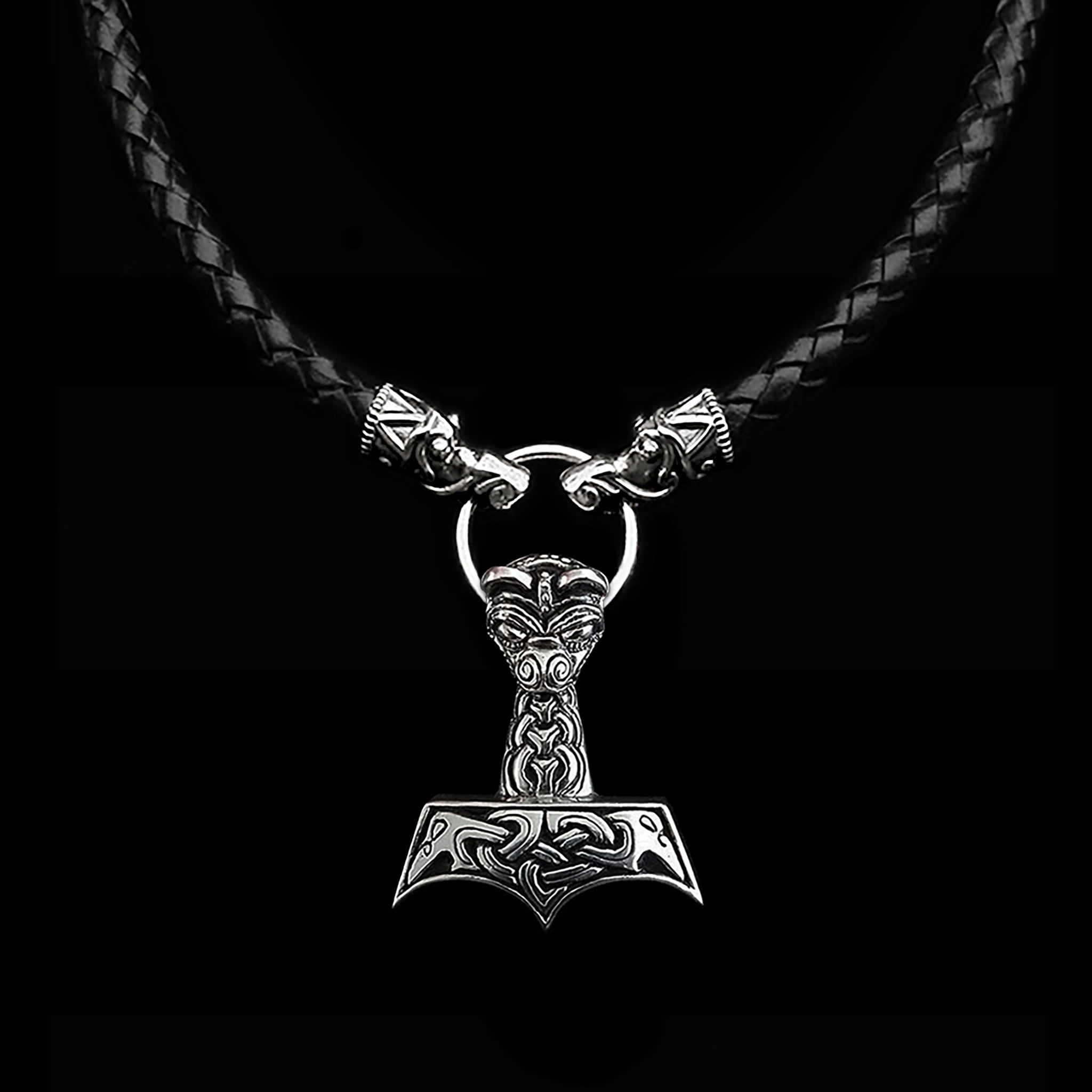 Customisable 8mm Thick Braided Leather Thors Hammer Necklace with Silver Gotland Dragon Heads, Split Ring and AD3 Large & Ferocious Thor's Hammer