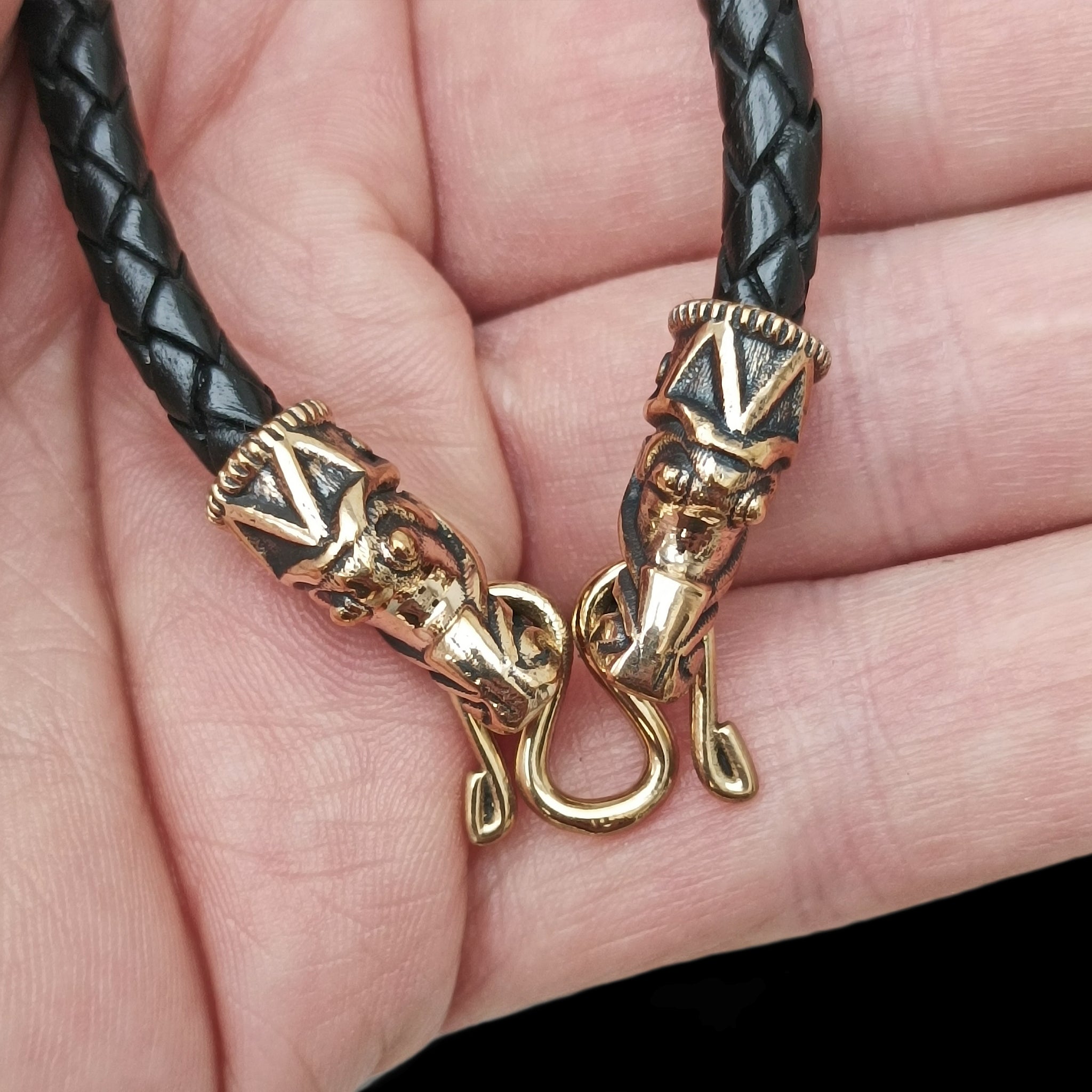 5mm Width Braided Leather Necklace with Bronze Gotlandic Dragon Heads and Butterfly Fitting in Hand