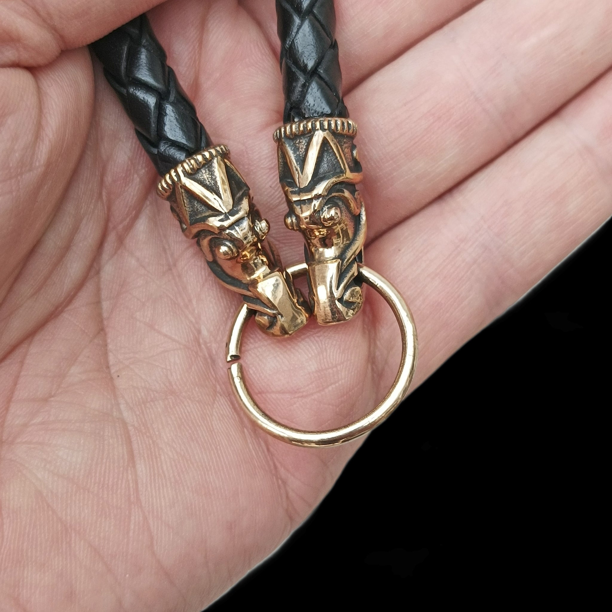 8mm Width Braided Leather Necklace with Bronze Gotlandic Dragon Heads and Splt Ring in Hand