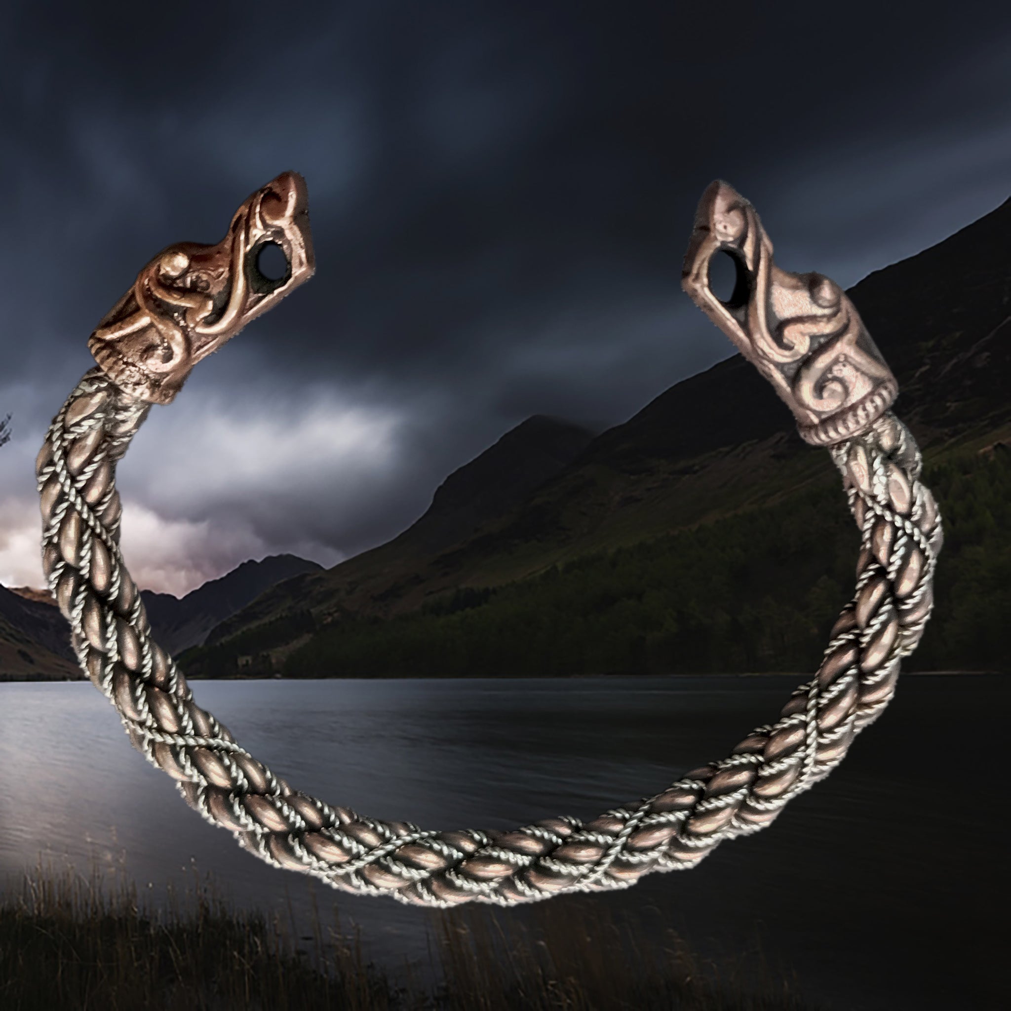 Handmade Twisted Bronze and Silver Arm Ring / Bracelet With Gotlandic Dragon Heads