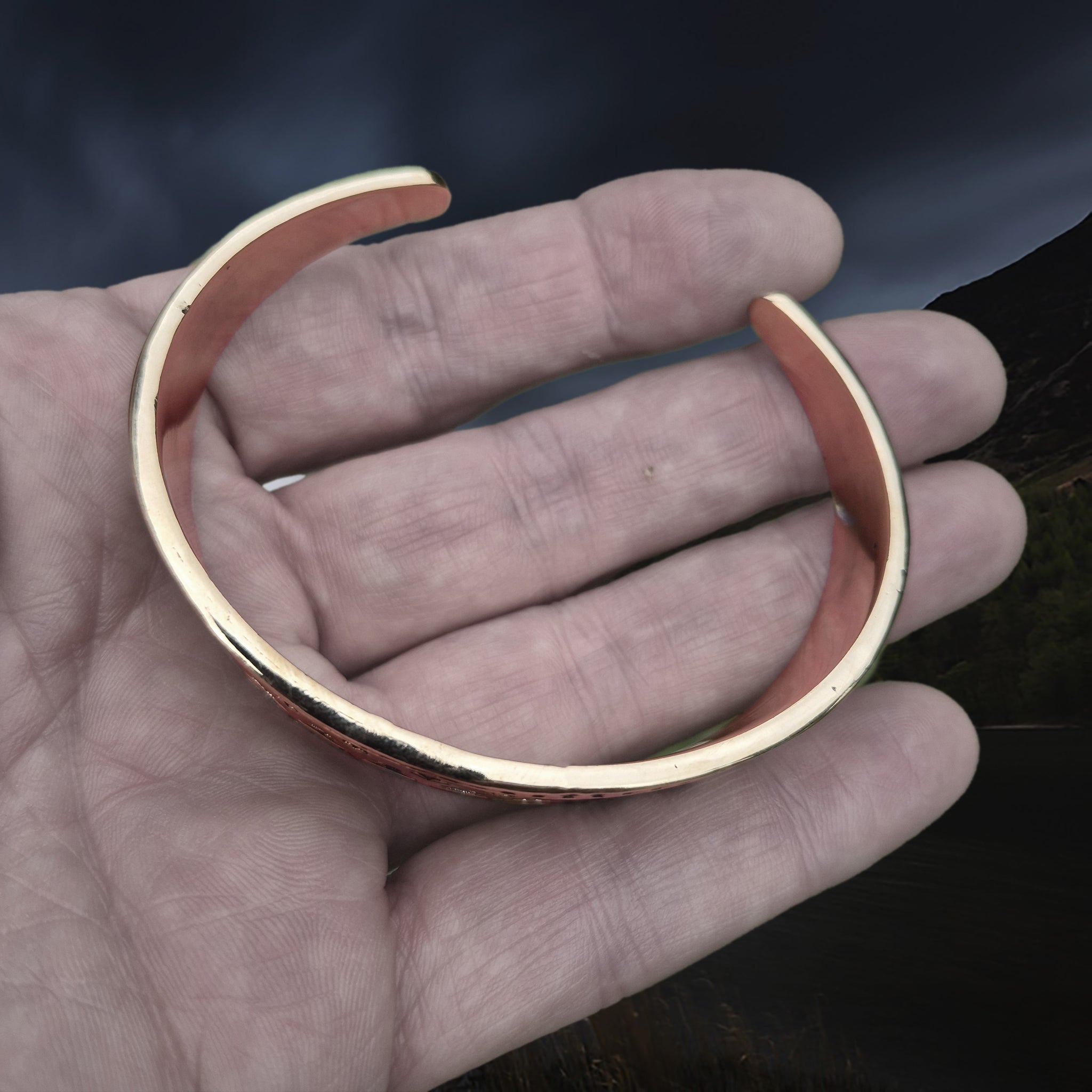 Bronze Hiberno-Norse Viking Bracelet / Arm Ring Replica with 3 Dot Design on Hand - Above View