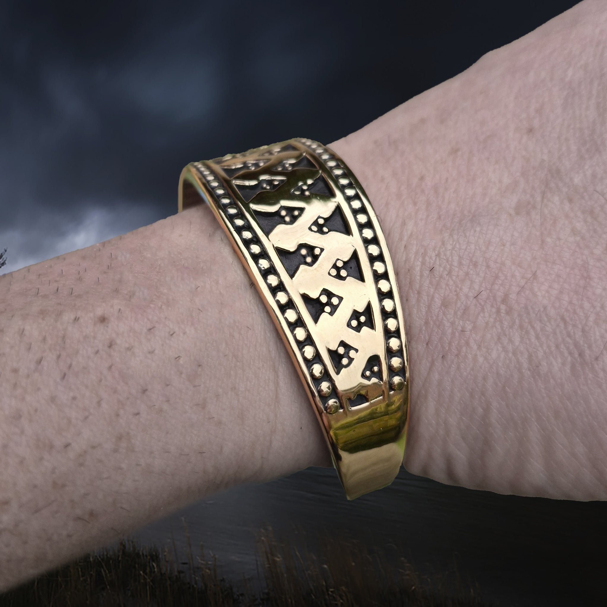 Bronze Hiberno-Norse Viking Bracelet / Arm Ring Replica with 3 Dot Design on Wrist - Side View