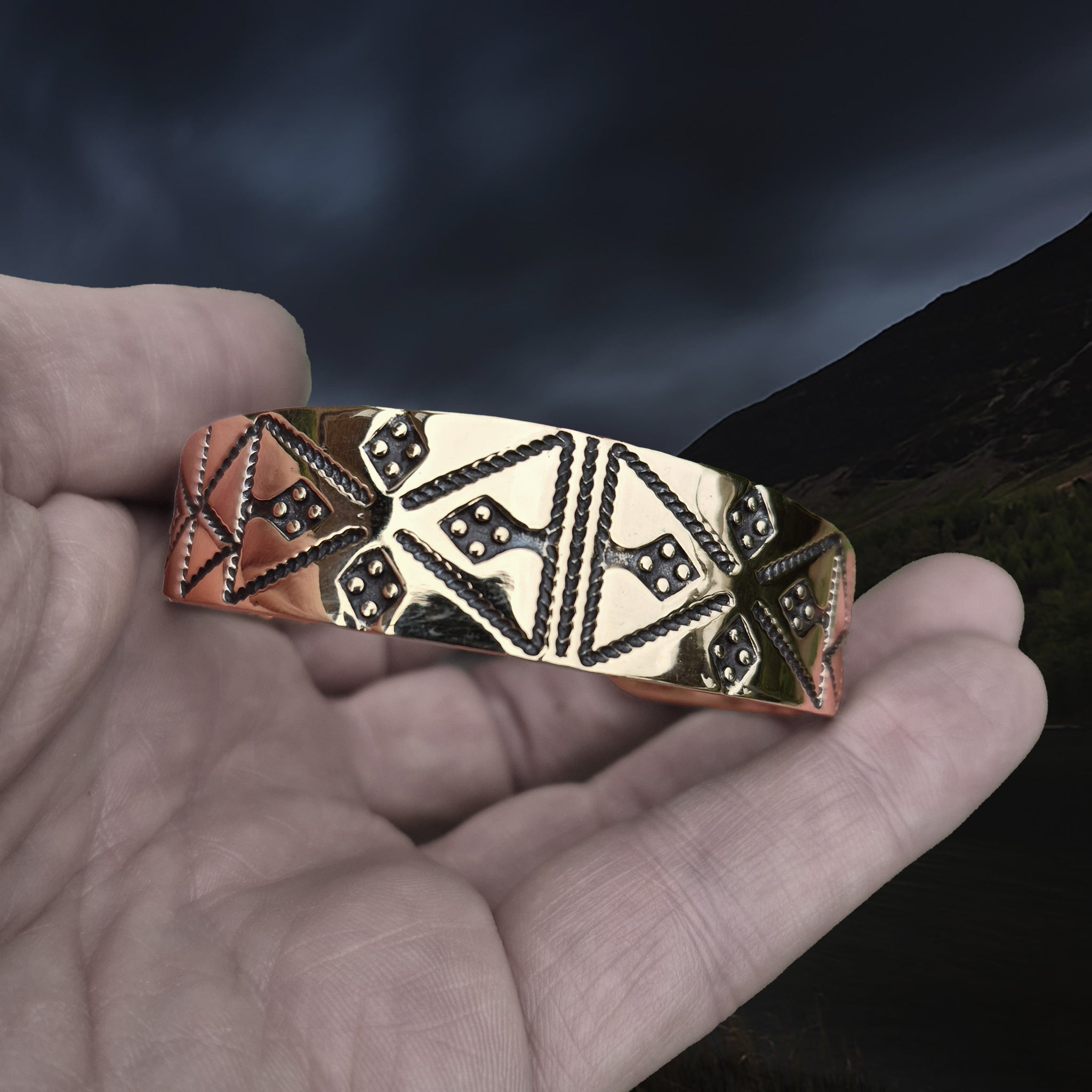 Bronze Hiberno-Norse Viking Bracelet / Arm Ring Replica with 4 Dot Design in Hand - Front View
