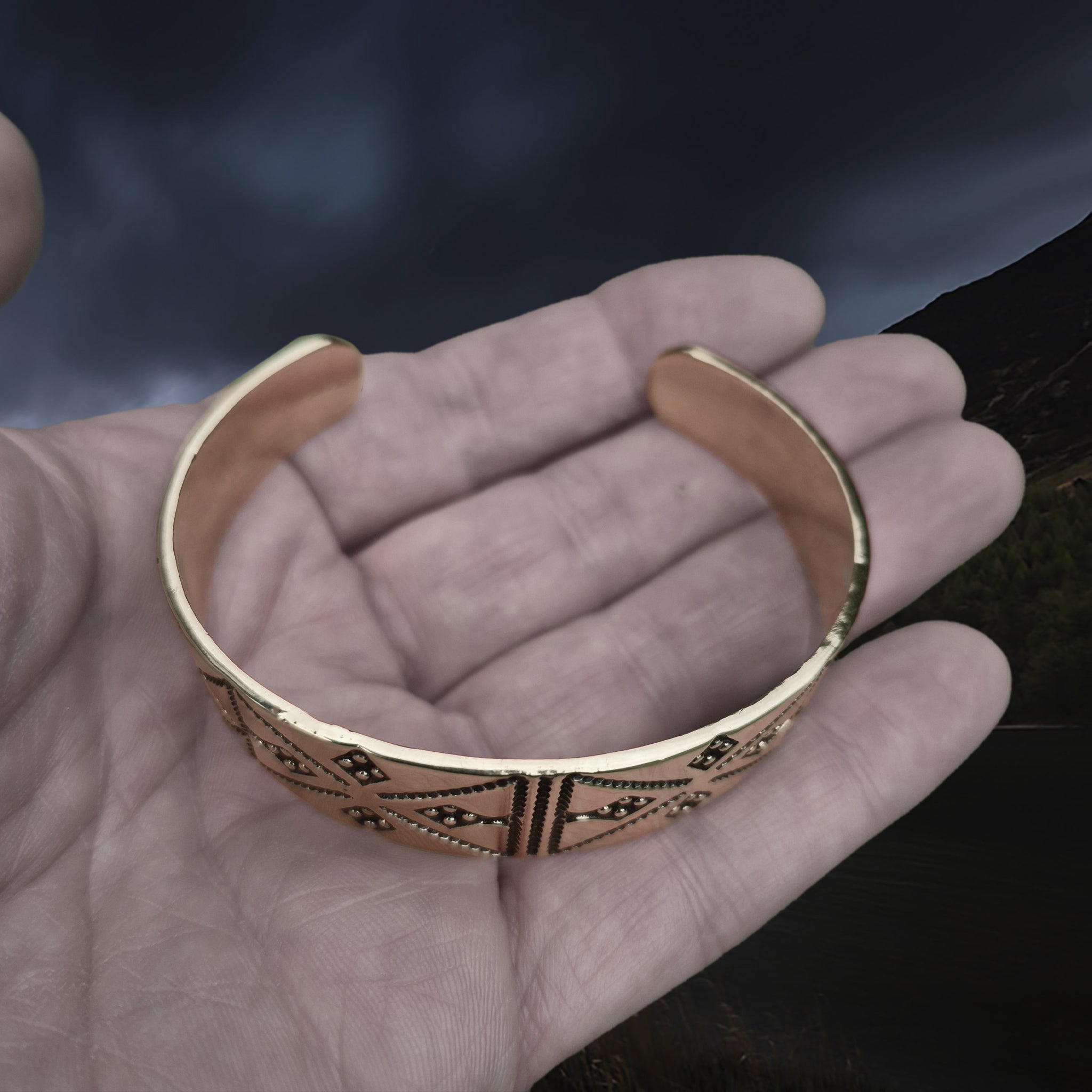 Bronze Hiberno-Norse Viking Bracelet / Arm Ring Replica with 4 Dot Design on Hand - Above Angle View
