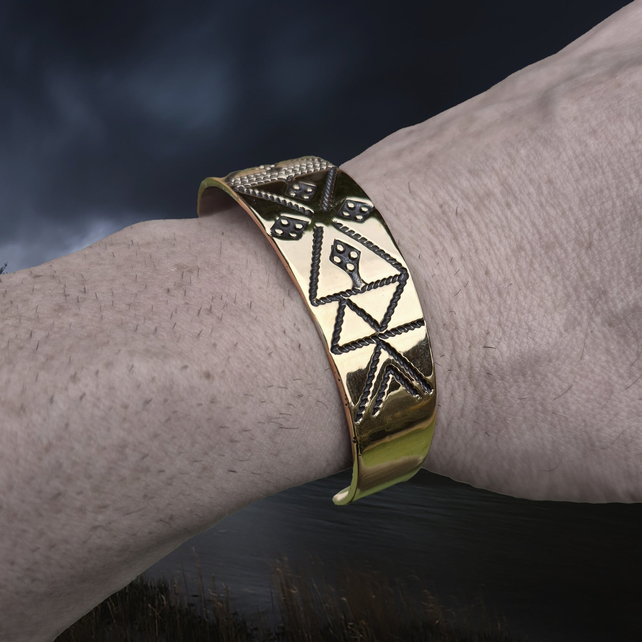 Bronze Hiberno-Norse Viking Bracelet / Arm Ring Replica with 4 Dot Design on Wrist - Side Angle View