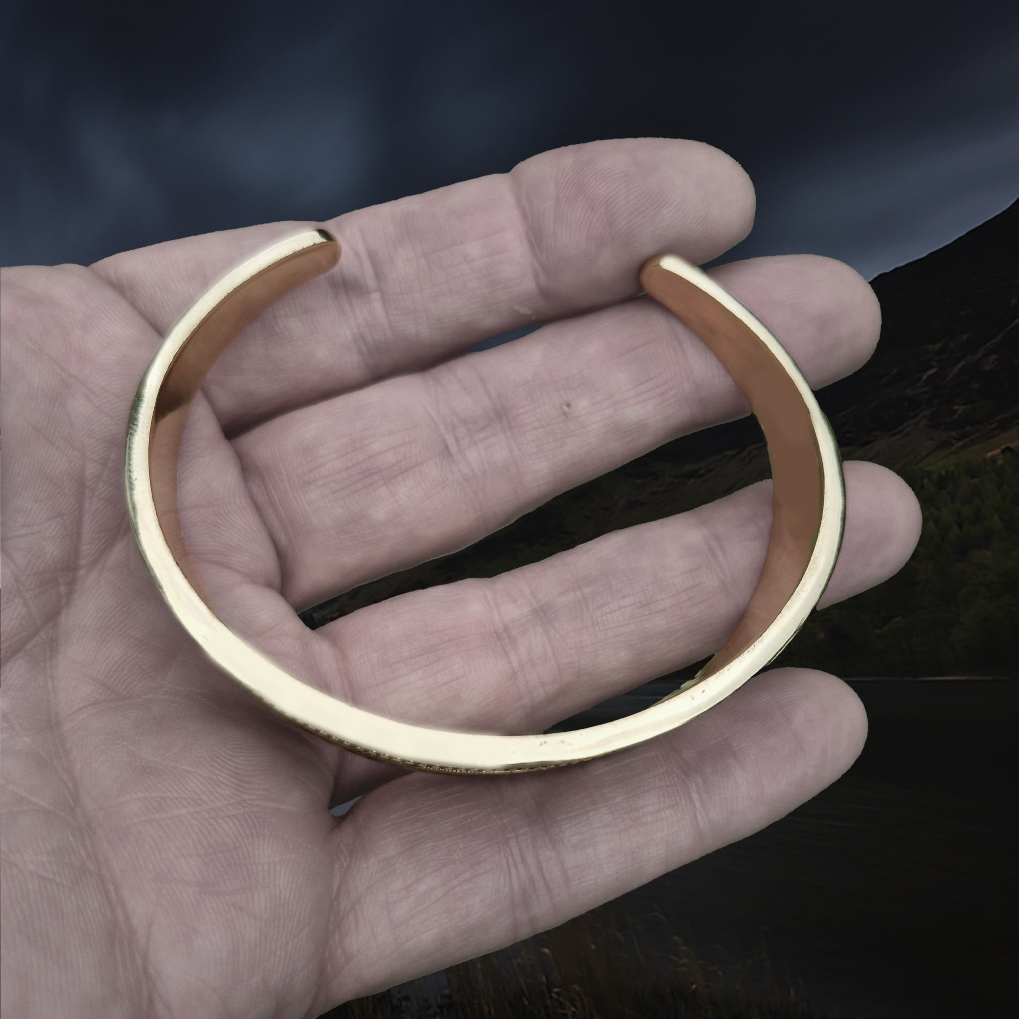 Bronze Hiberno-Norse Viking Bracelet / Arm Ring Replica with 5 Dot Design on Hand - Above View