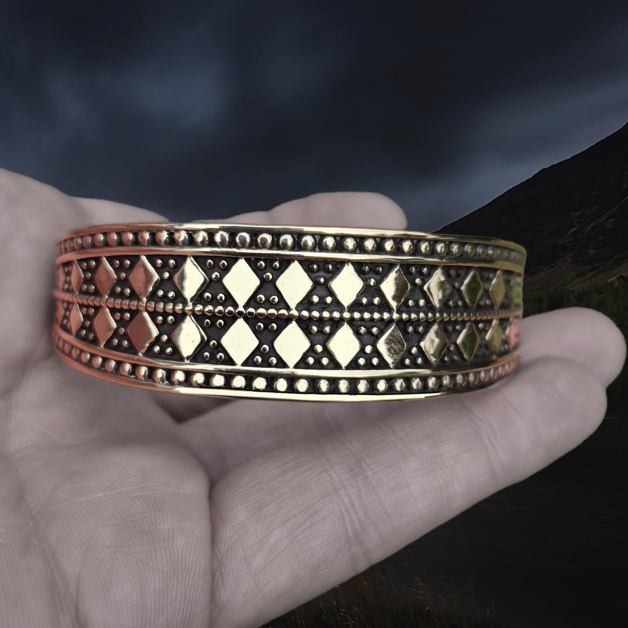 Bronze Hiberno-Norse Viking Bracelet / Arm Ring Replica with 5 Dot Design on Hand - Front View