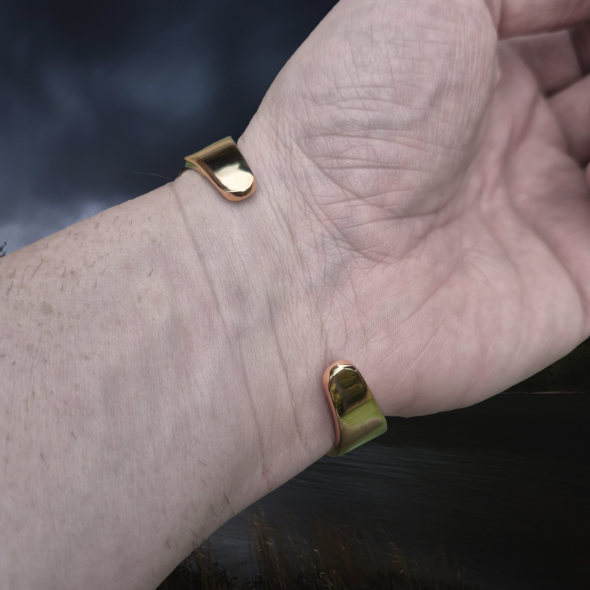 Bronze Hiberno-Norse Viking Bracelet / Arm Ring Replica with 5 Dot Design on Wrist - Back View