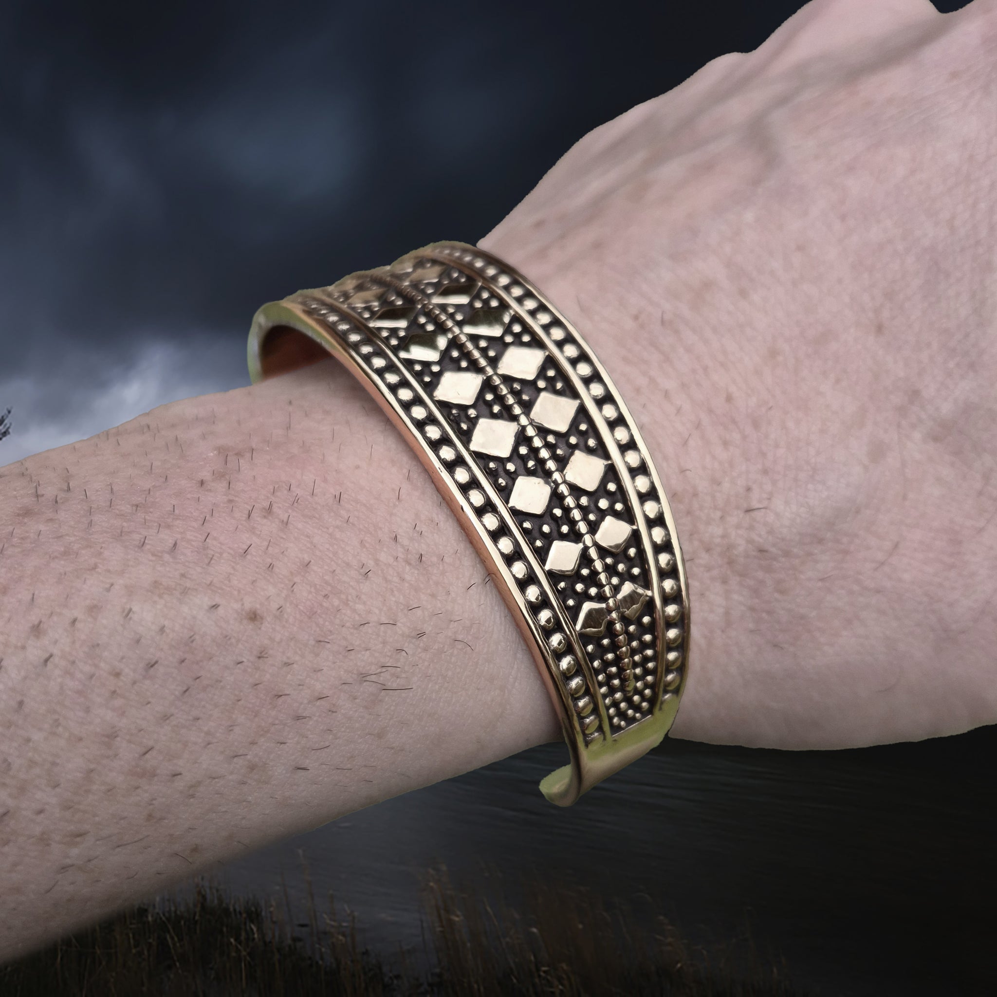 Bronze Hiberno-Norse Viking Bracelet / Arm Ring Replica with 5 Dot Design on Wrist - Side Angle View