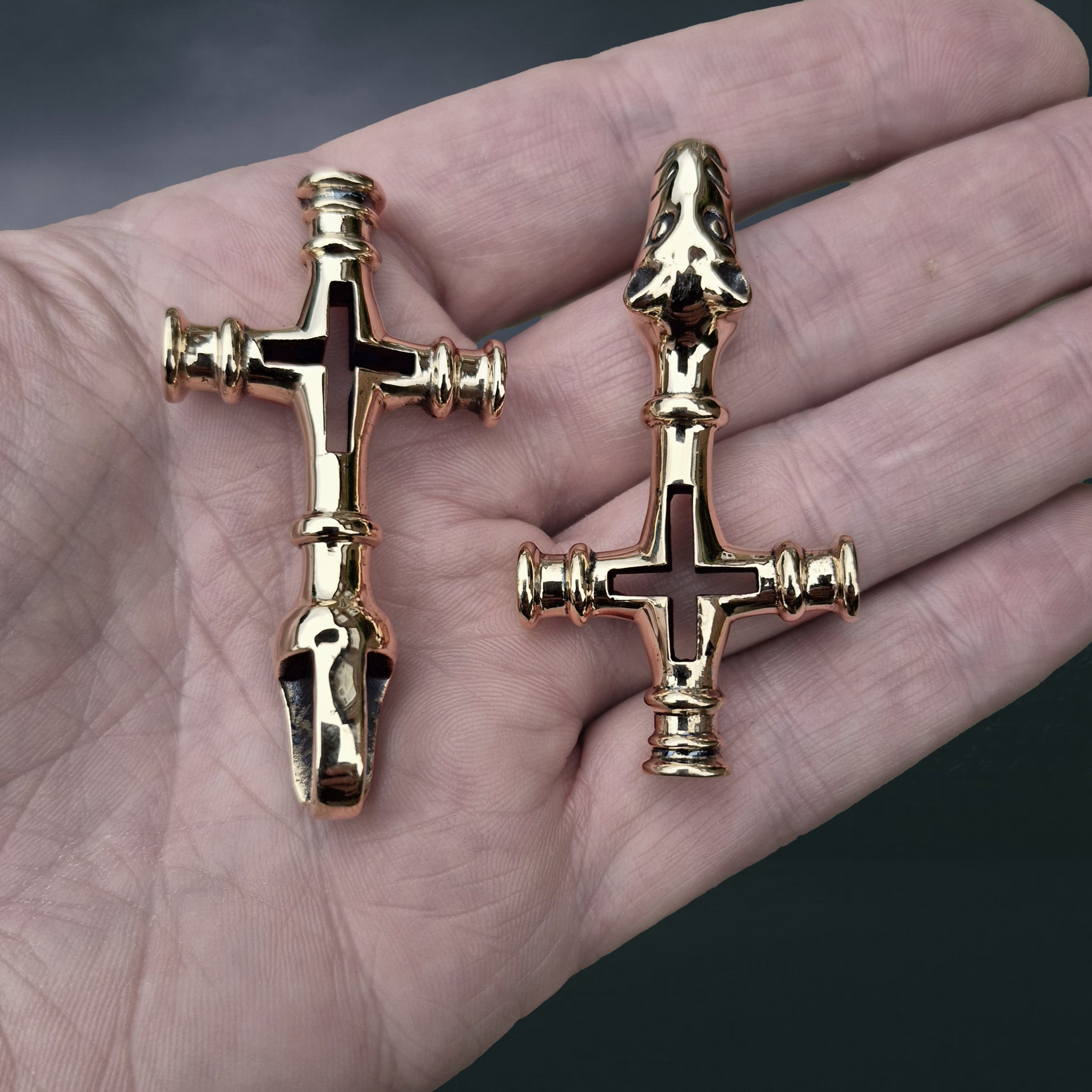 Large Bronze Icelandic Wolf Thor's Hammer Pendant Replicas on Hand - Back and Front View
