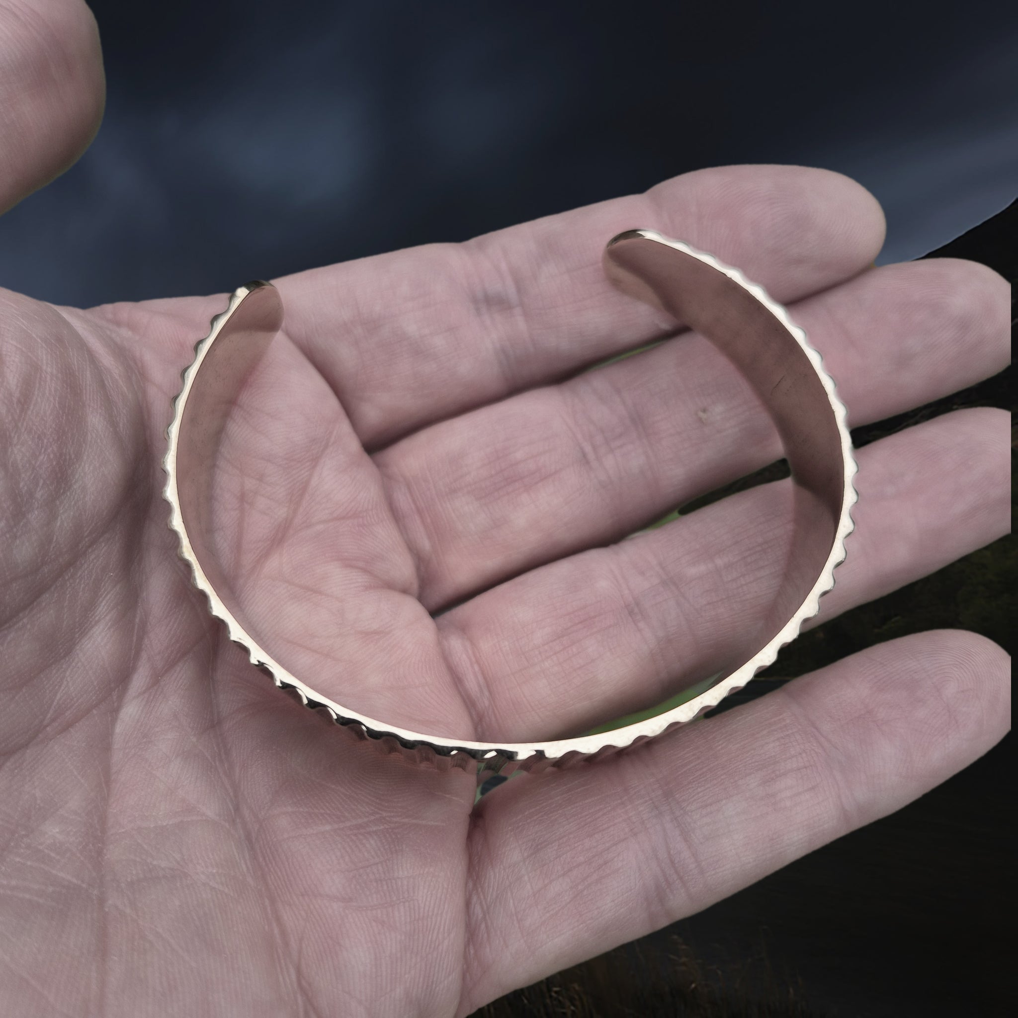 Bronze Hiberno-Norse Viking Bracelet / Arm Ring Replica with Ridge Design on Hand - Above View