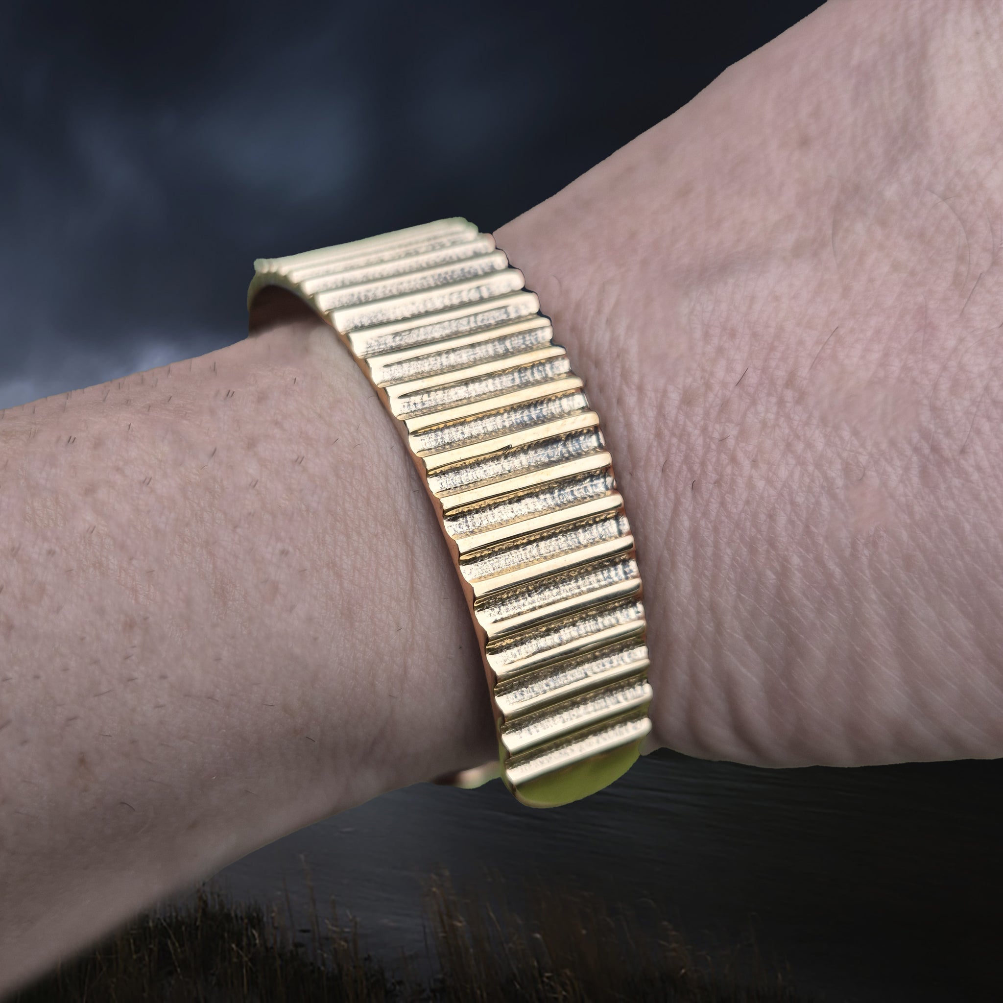Bronze Hiberno-Norse Viking Bracelet / Arm Ring Replica with Ridge Design on Wrist - Side View