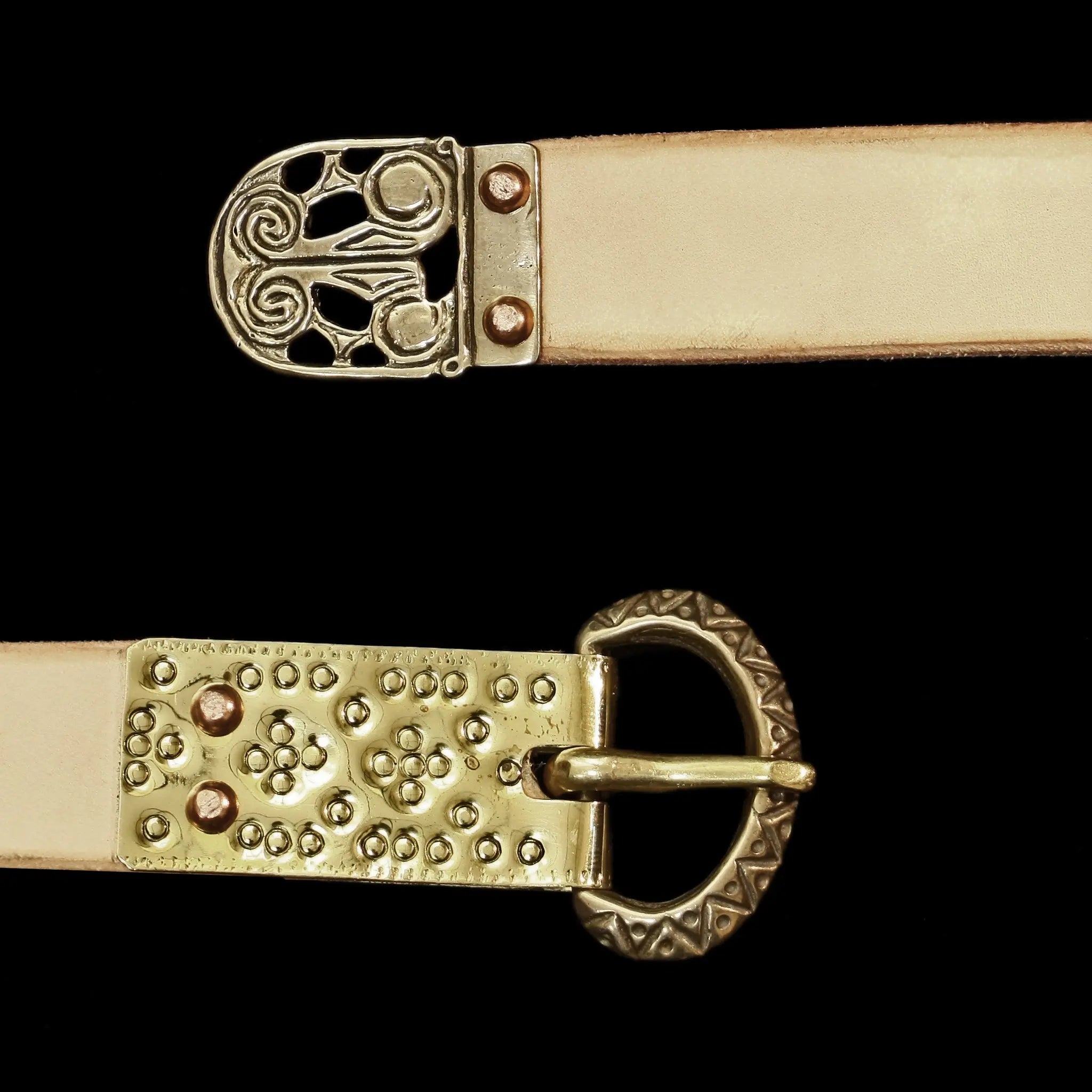 Hiberno Norse Bronze Viking Strap End on Natural Veg Tan Leather Belt with Bronze Medieval Zig Zag Buckle and Decorated Brass Buckle Plate