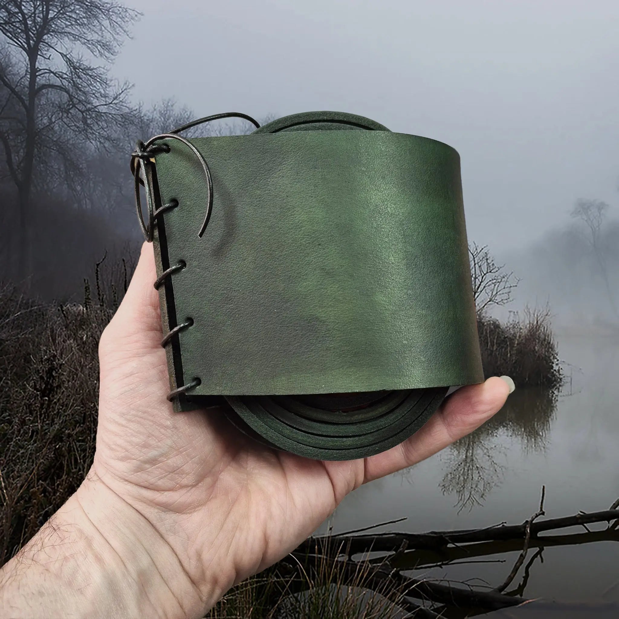 Handmade Leather Shoulder Strap for Viking Drinking / Blowing Horn in Dyed Green Leather