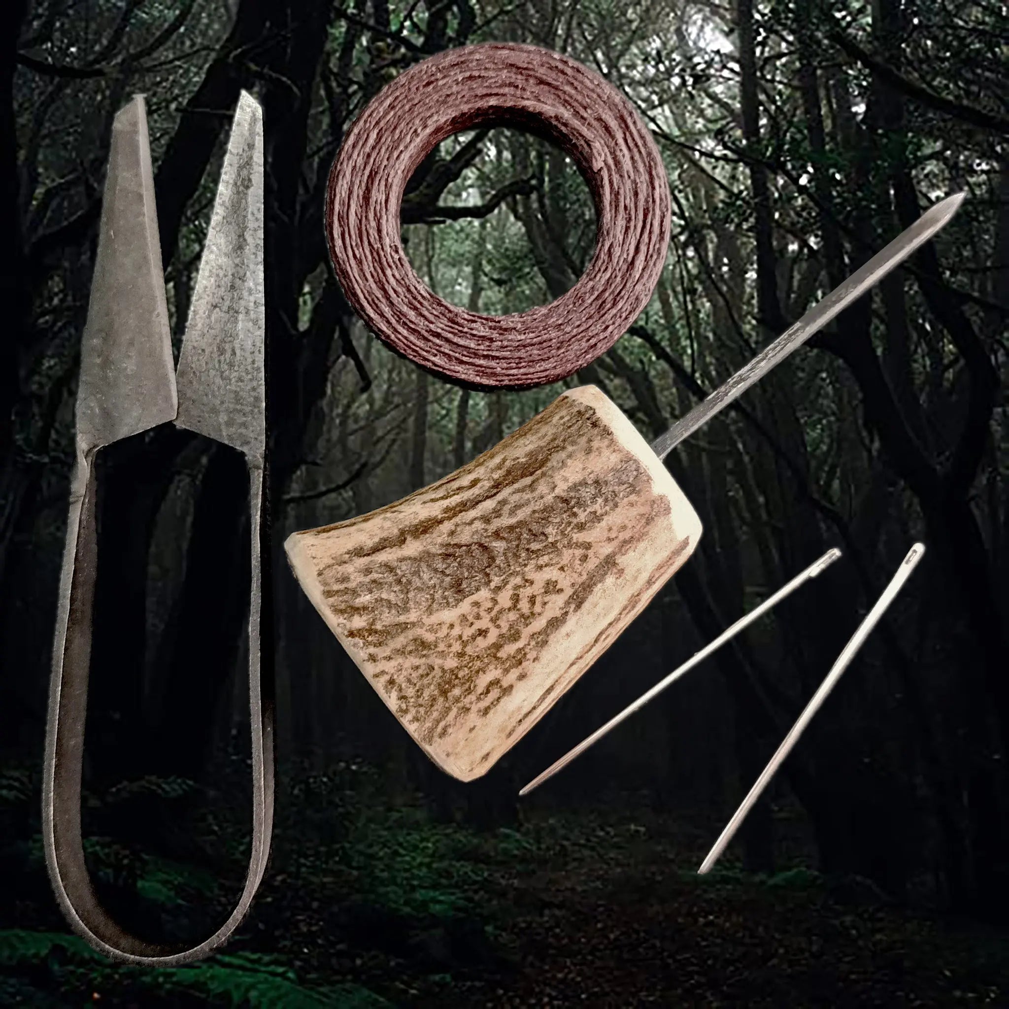 Complete Leather Viking Age Sewing Kit - Different Shaped Antler Awl, Steel Harness Needles, Waxed Linen Thread