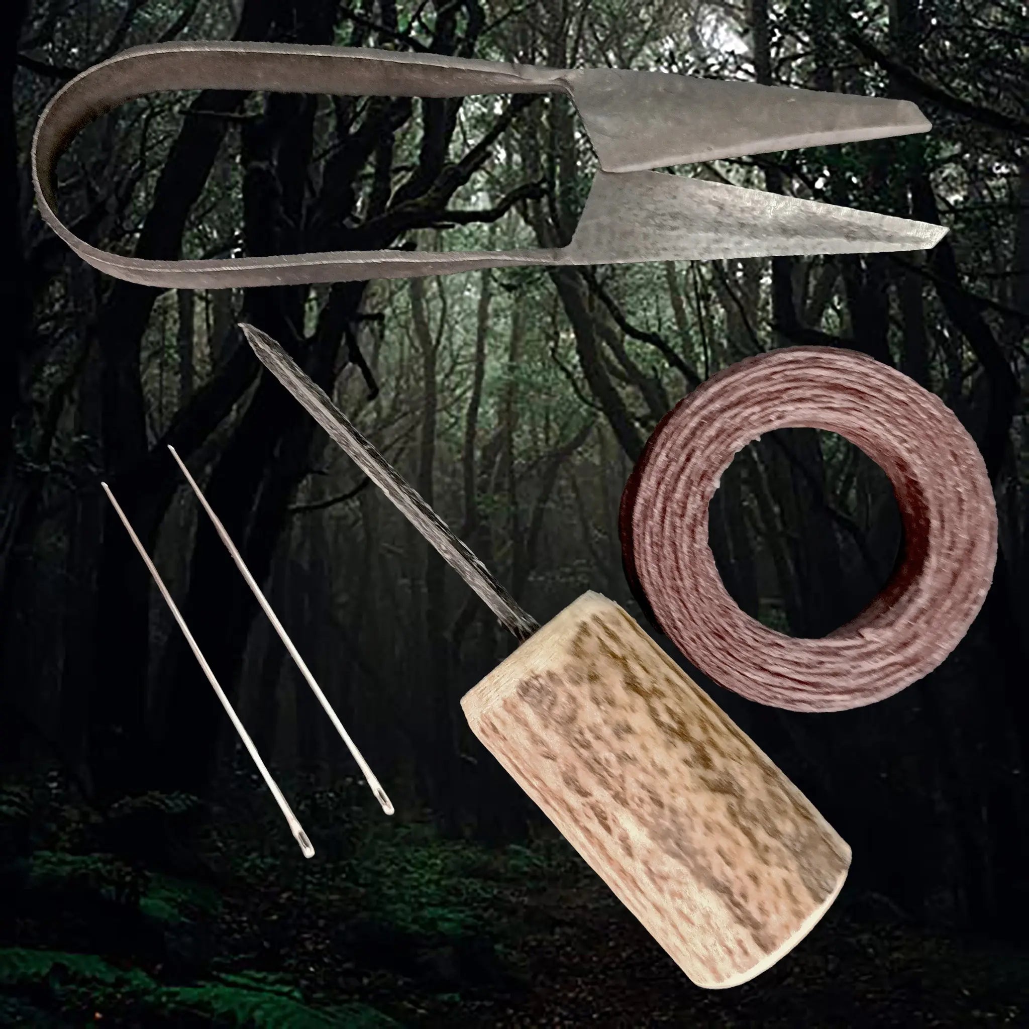 Complete Leather Viking Age Sewing Kit - Antler Awl, Steel Harness Needles, Waxed Linen Thread & Iron Snips