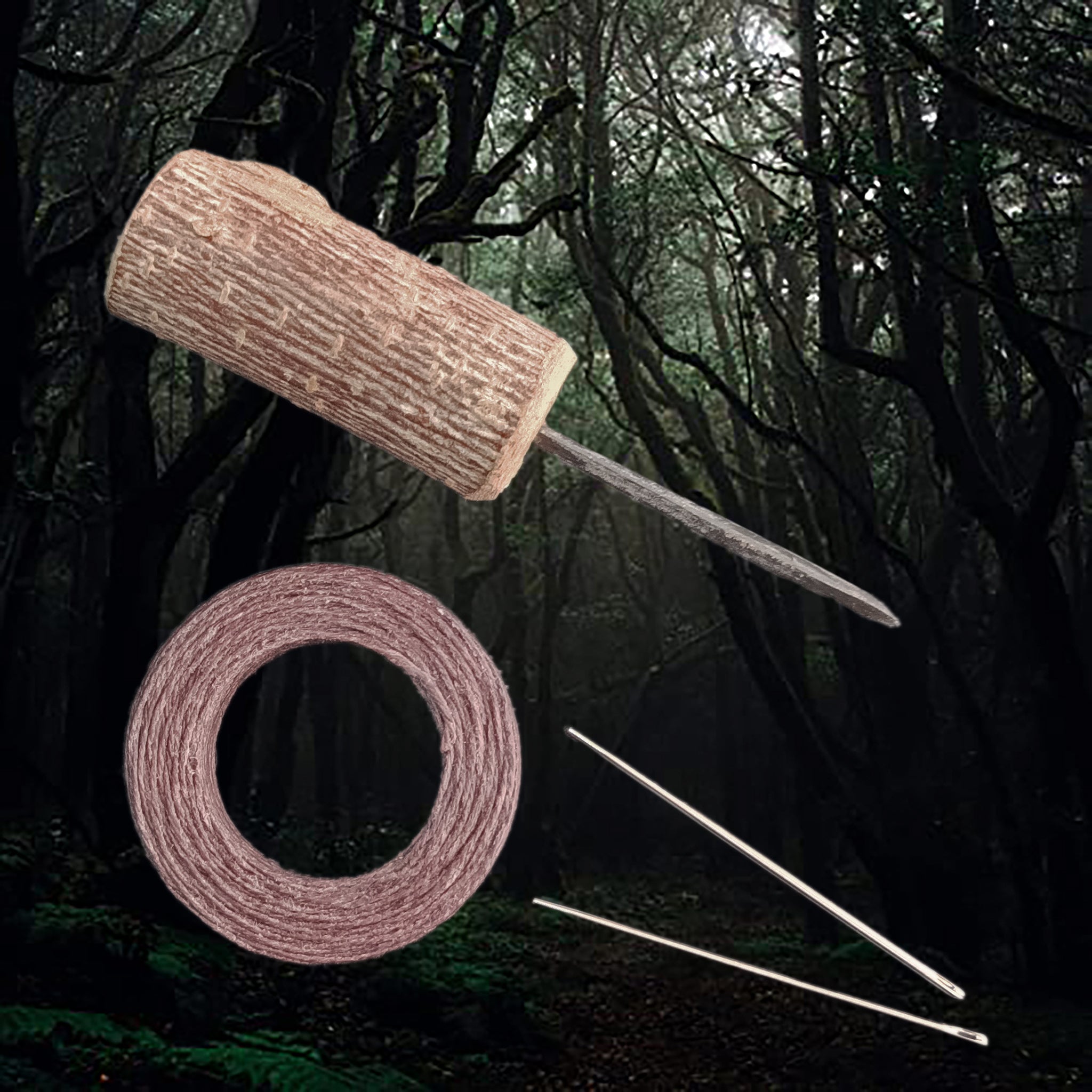 Complete Viking Age Leather Sewing Kit - Birch Wood Handle Awl, Steel Harness Needles, Waxed Linen Thread