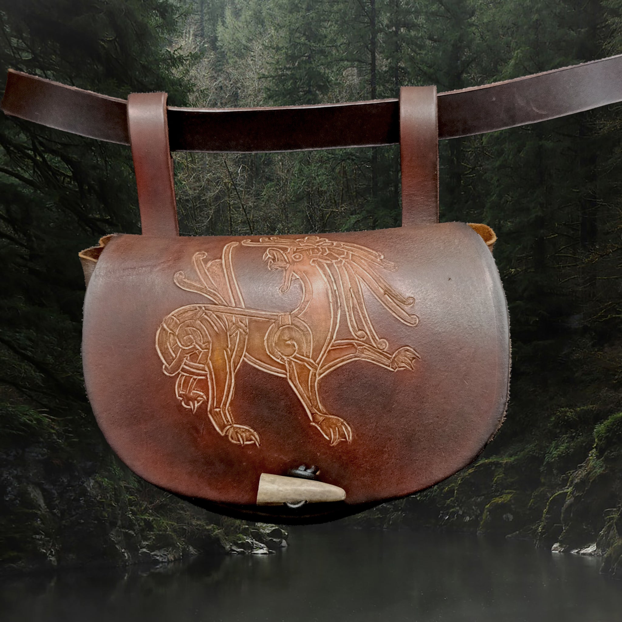 Custom Made Turned Leather Viking Belt Pouch - Brown with Mythical Beast Design