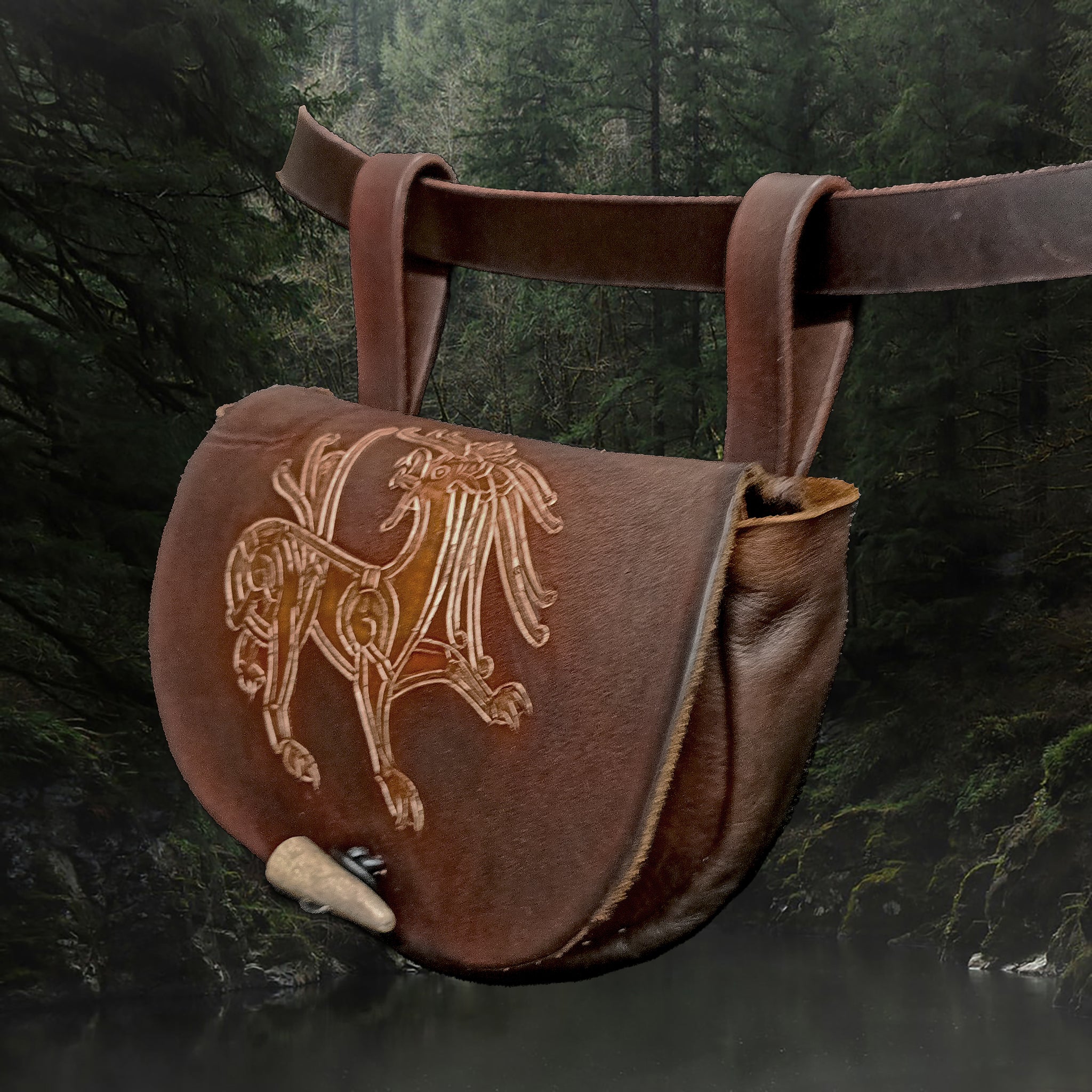 Custom Made Turned Leather Viking Belt Pouch with Mythical Beast Design - Brown on Belt - Angle View