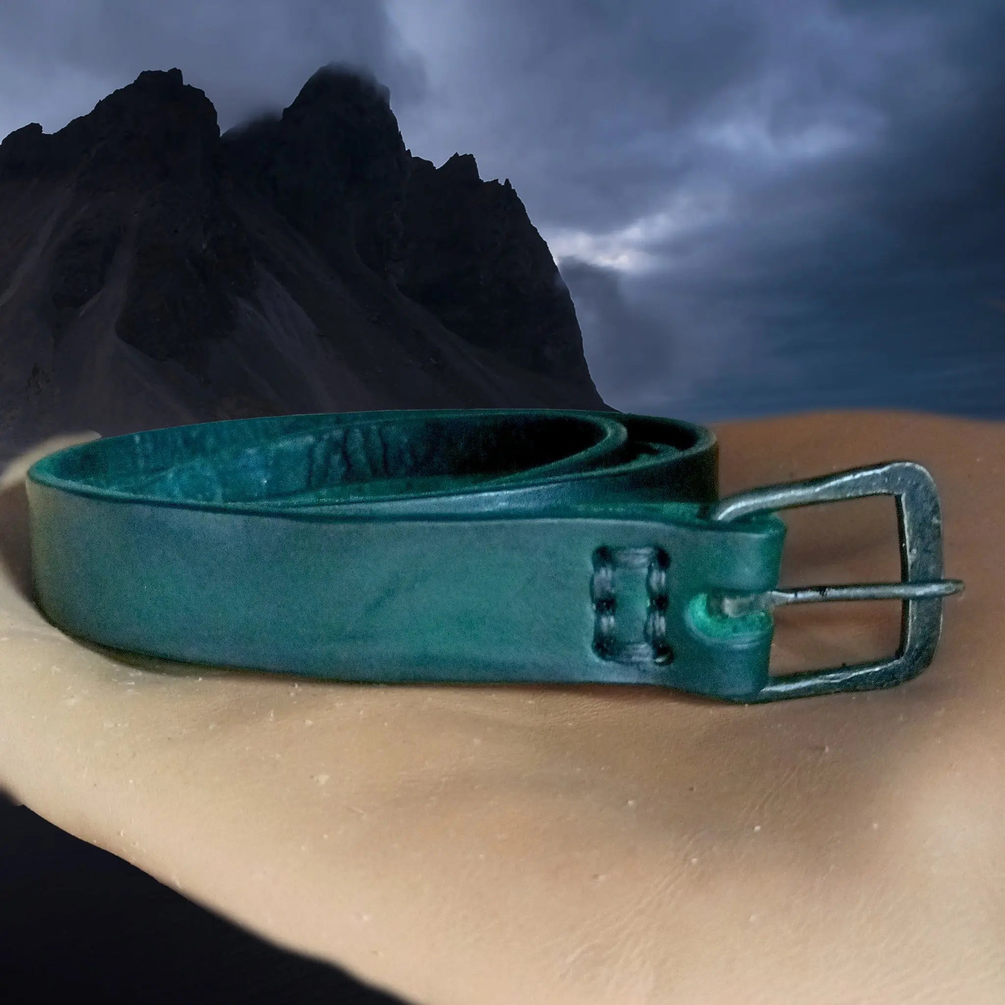 Long Green Leather Viking / Medieval Belt with Hand-Forged Iron Buckle - 25mm (1 inch) Width