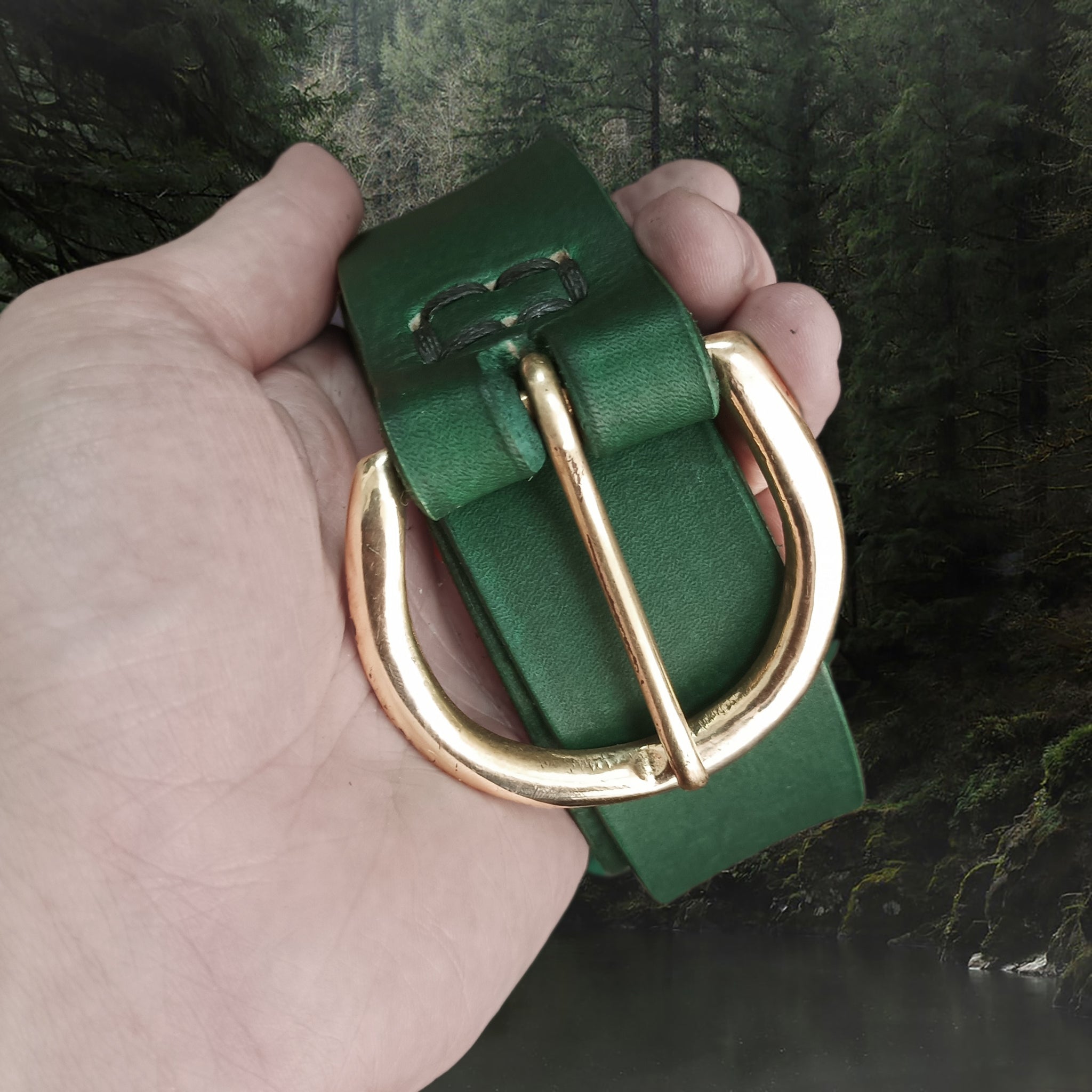50mm Wide Long Green Leather Viking Belt with Brass Buckle in Hand