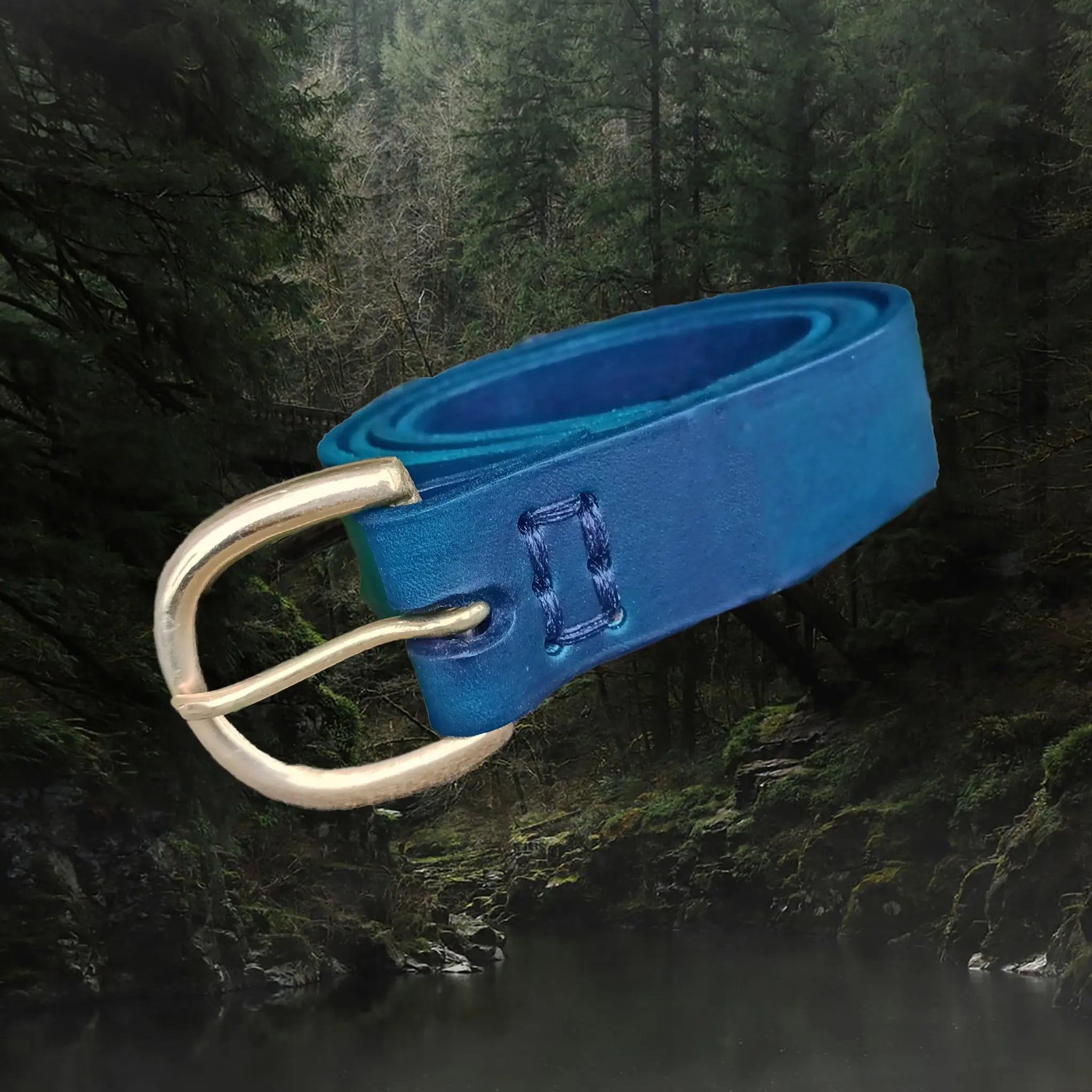 Handmade Long Leather Replica Viking Belt with Brass Buckle - Blue 32mm Width