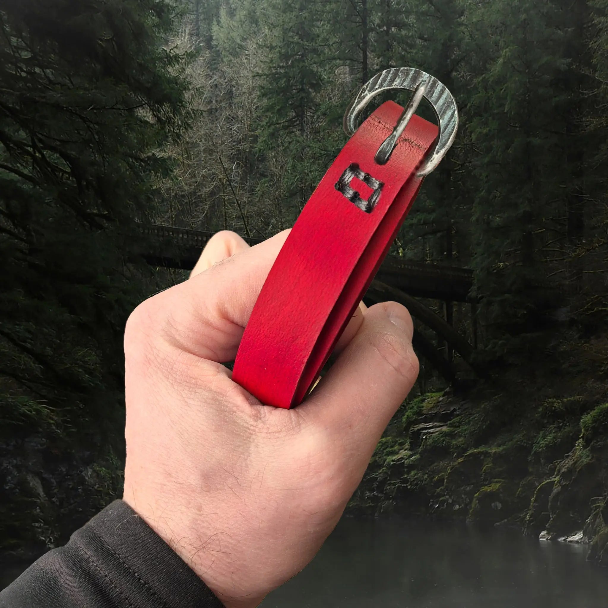 Long Red Leather Viking / Medieval Belt with Hand-Forged Iron Buckle - 20mm Width in Hand