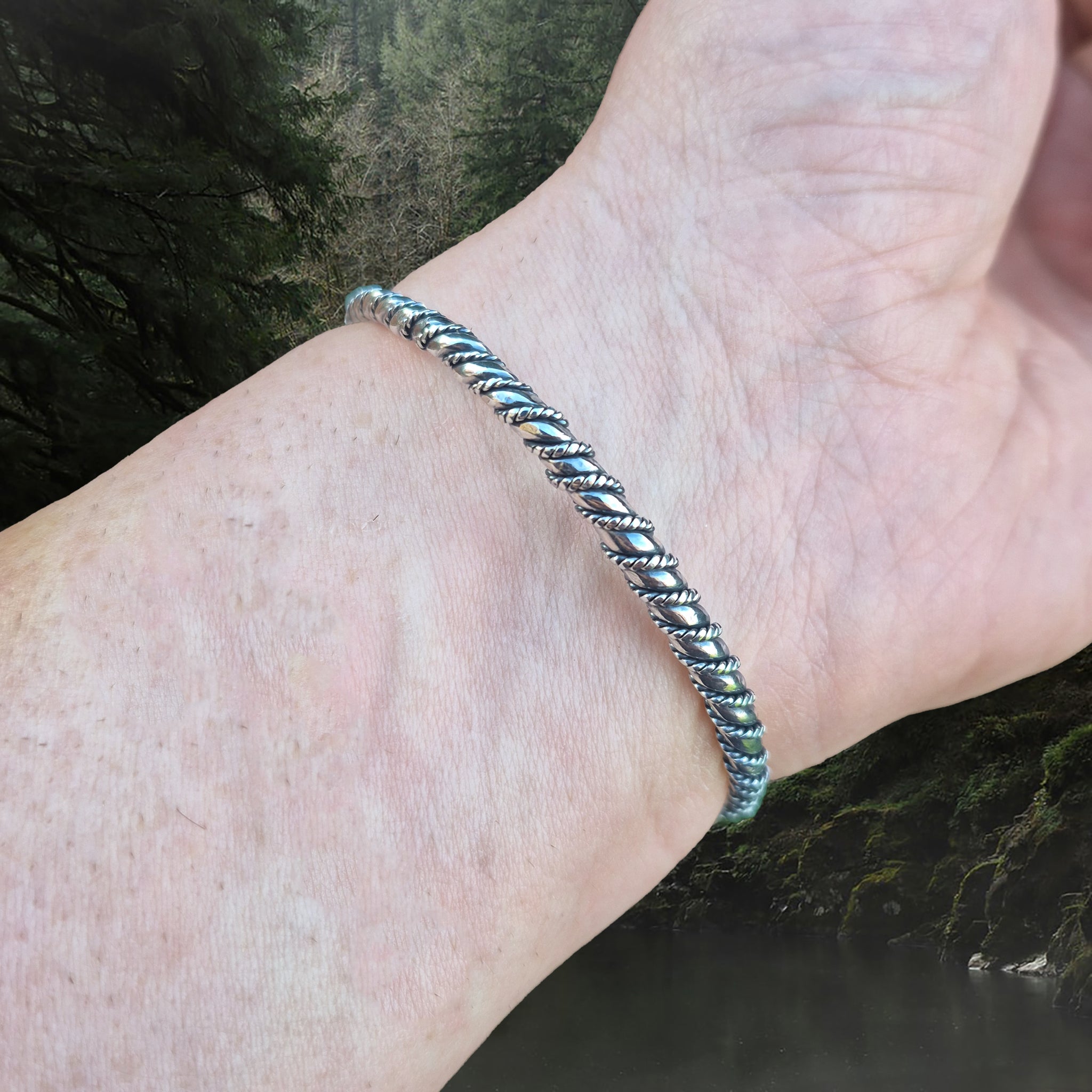 Slim Twisted Silver Viking Bracelet Replica With Gotlandic Dragon Heads on Wrist - Back View