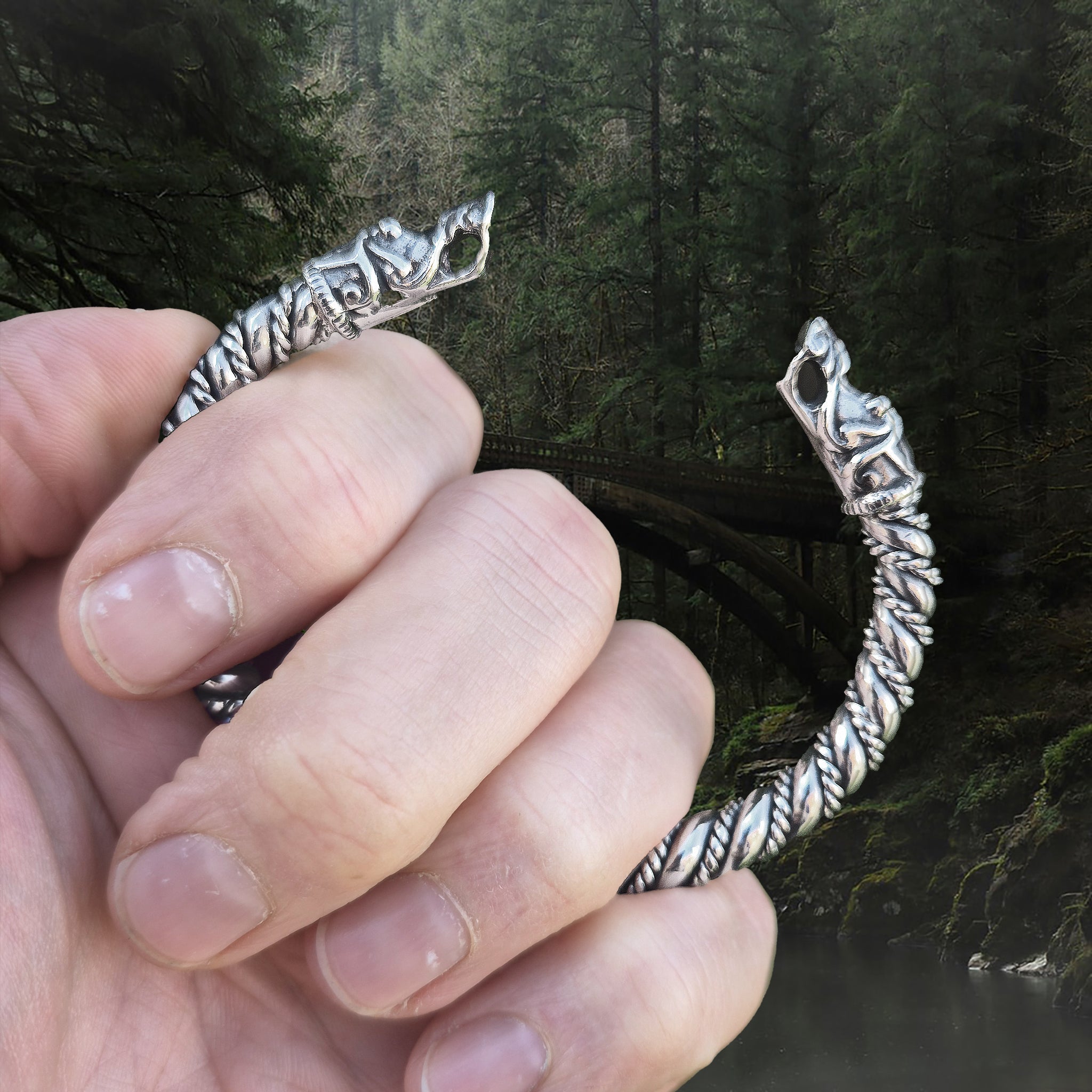 Twisted Silver Arm Ring / Bracelet With Gotlandic Dragon Heads in Hand