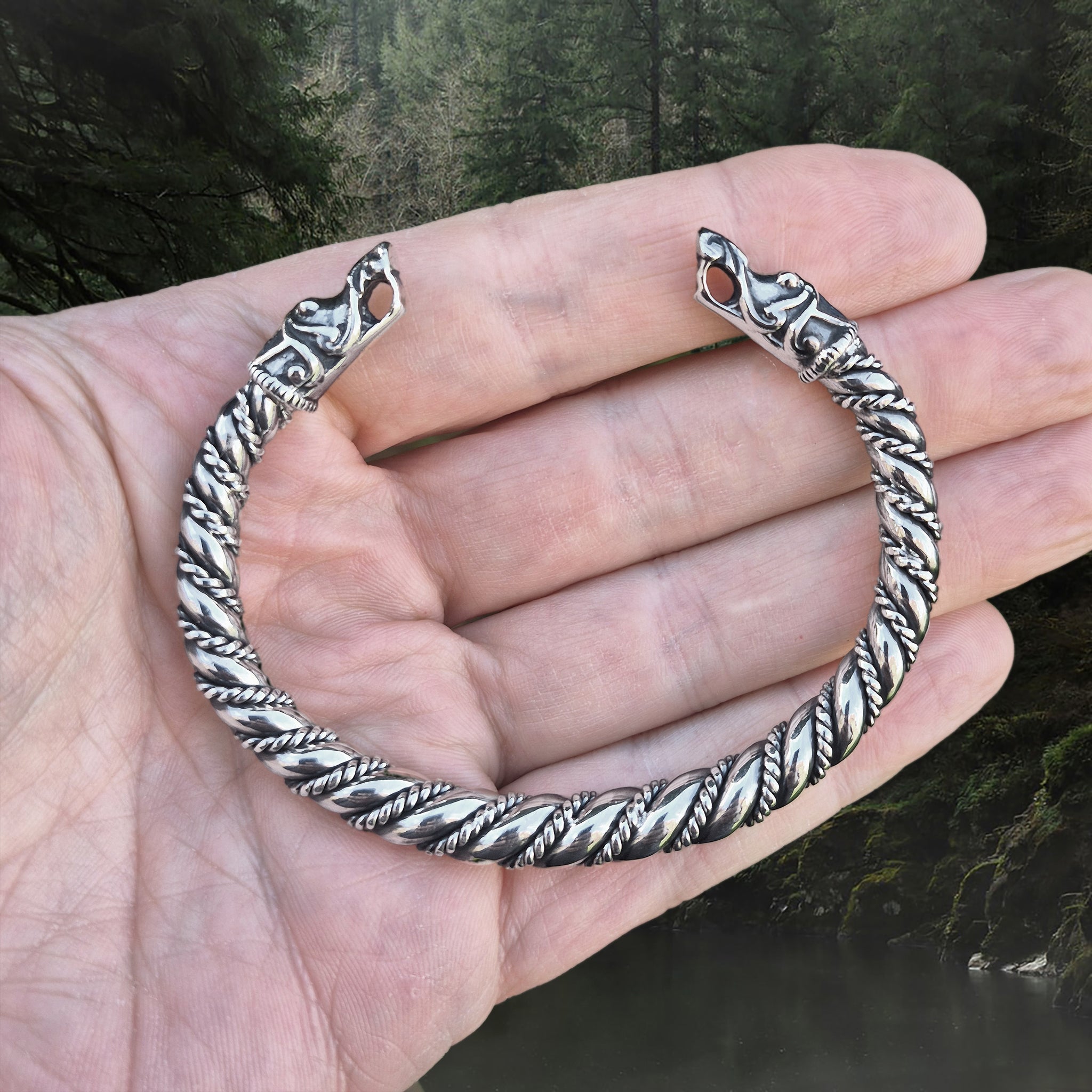 8mm Thick Twisted Silver Arm Ring / Bracelet With Gotlandic Dragon Heads on Hand