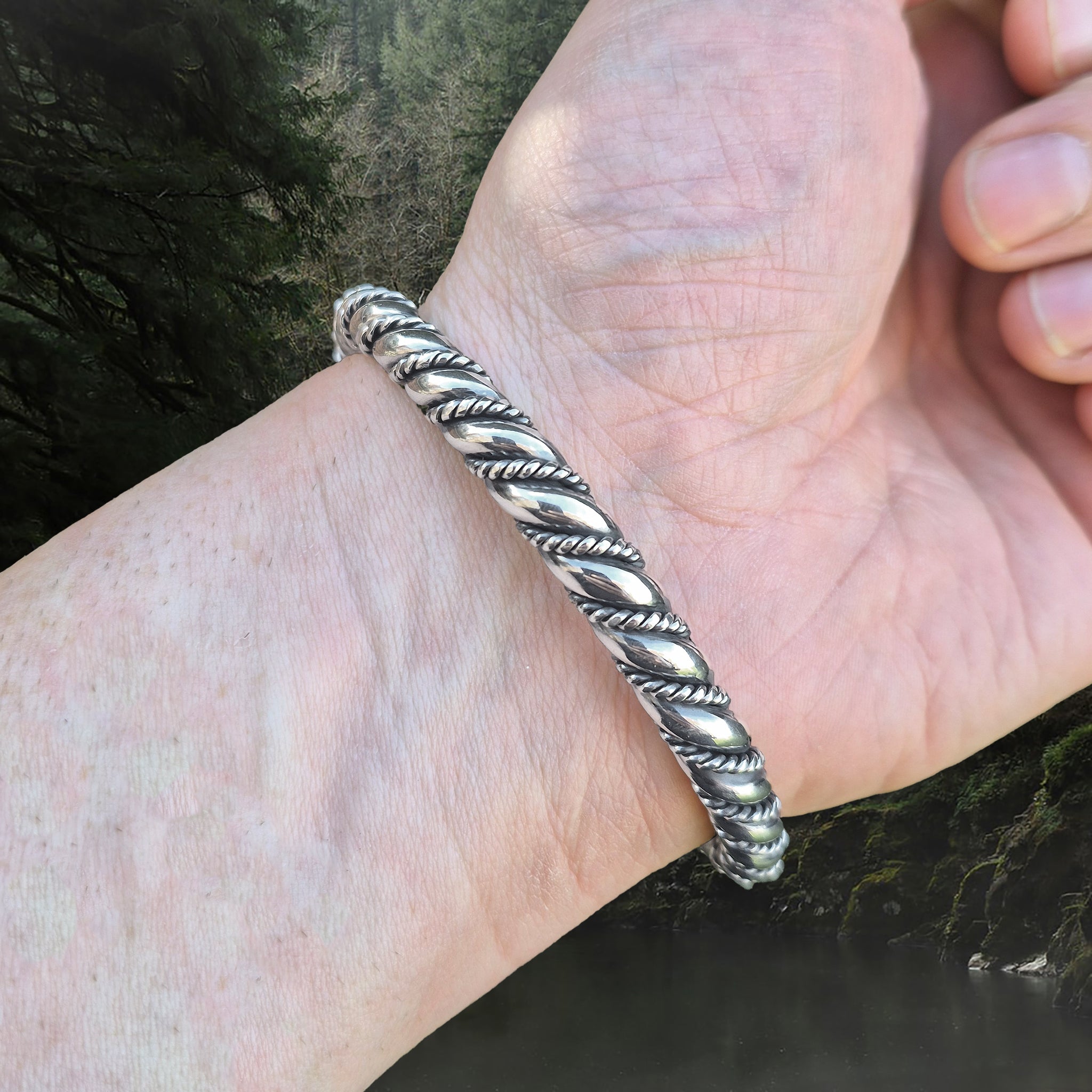 Twisted Silver Arm Ring / Bracelet With Gotlandic Dragon Heads on Wrist- Back View