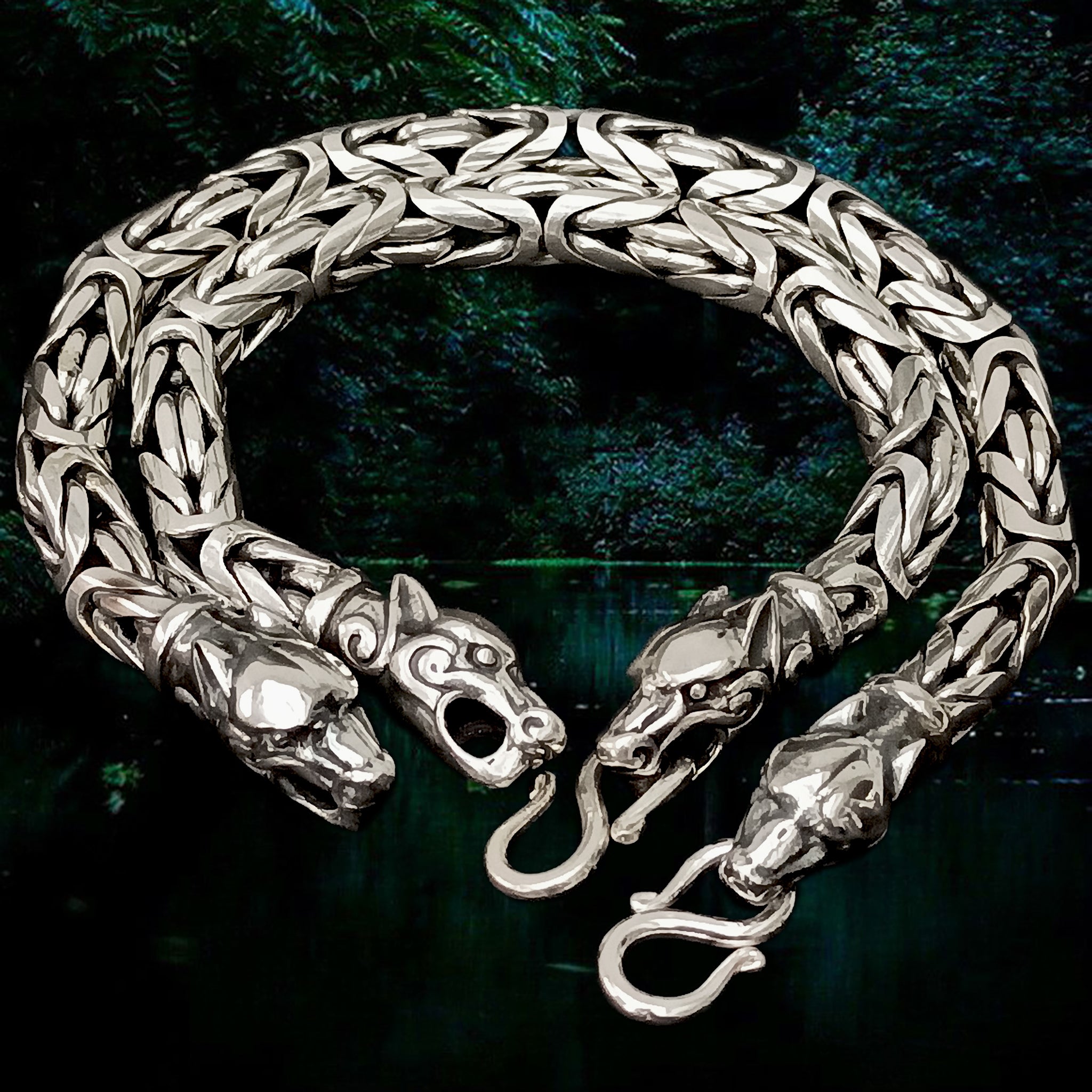 8mm Silver Viking King Bracelets With Ferocious Wolf Heads