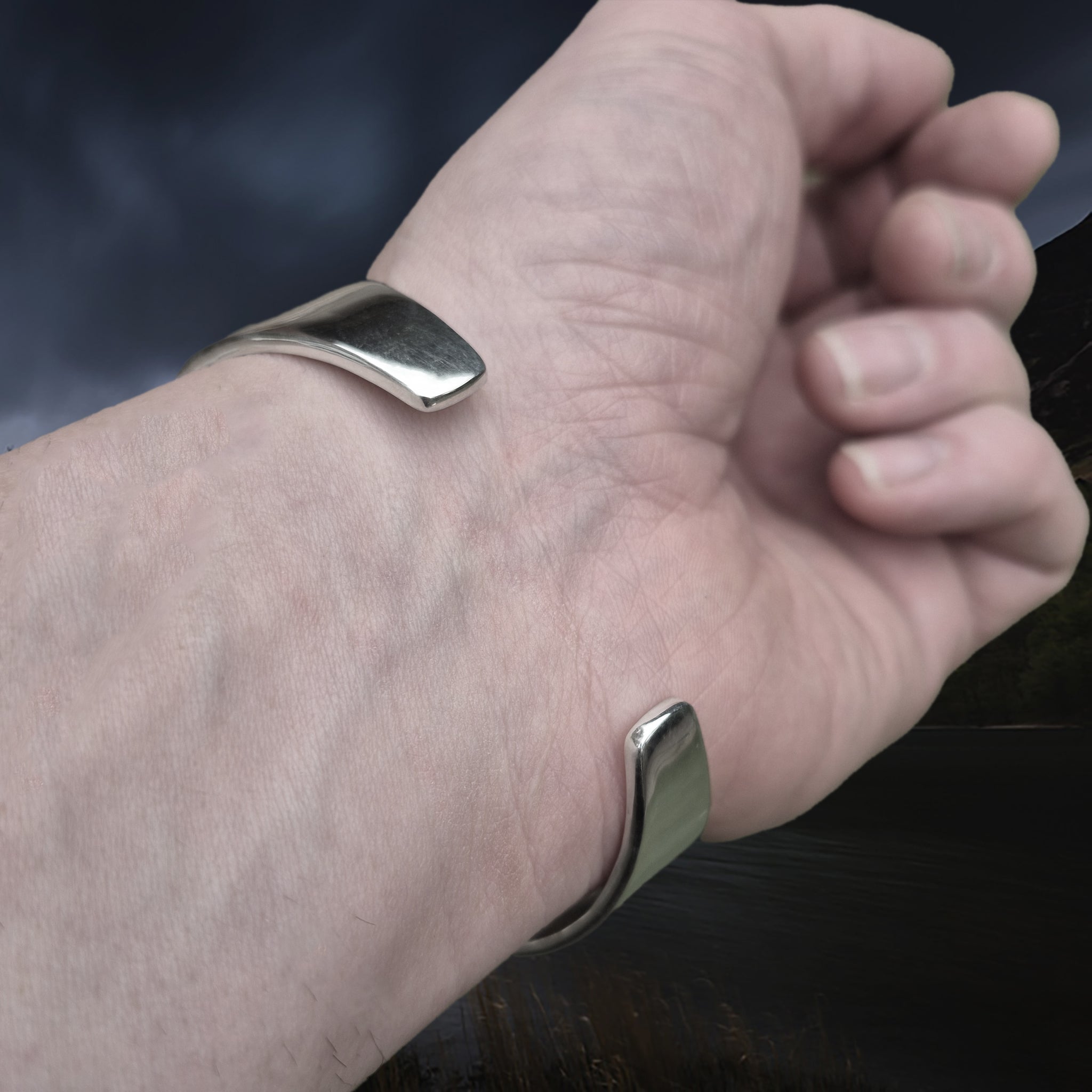 Silver Viking Bracelet / Arm Ring Replica From Anglesey with 1 Dot Design on Wrist - Back Angle View