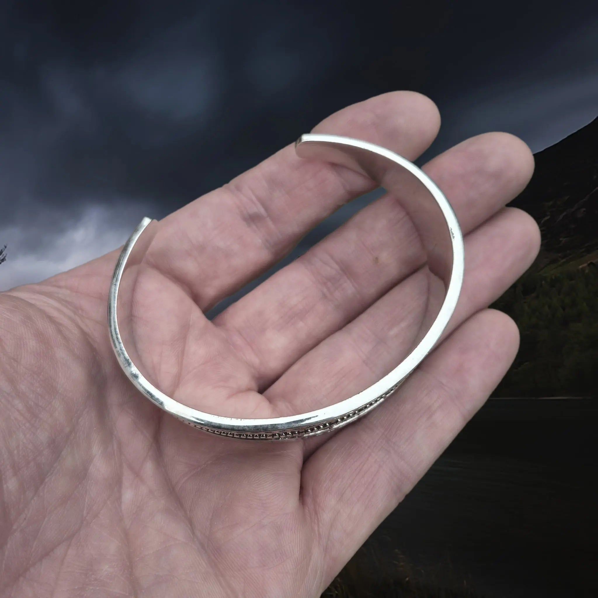 Silver Viking Bracelet / Arm Ring Replica From Anglesey with 5 Dot Design in Hand - Above View