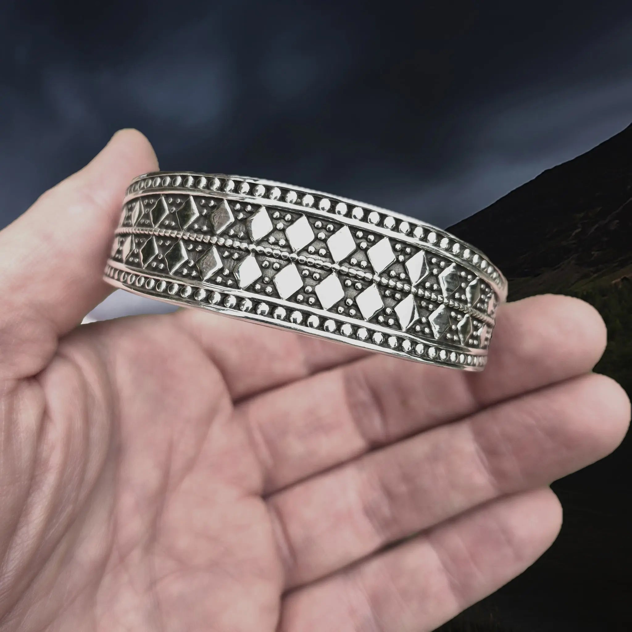 Silver Viking Bracelet / Arm Ring Replica From Anglesey with 5 Dot Design in Hand - Front View