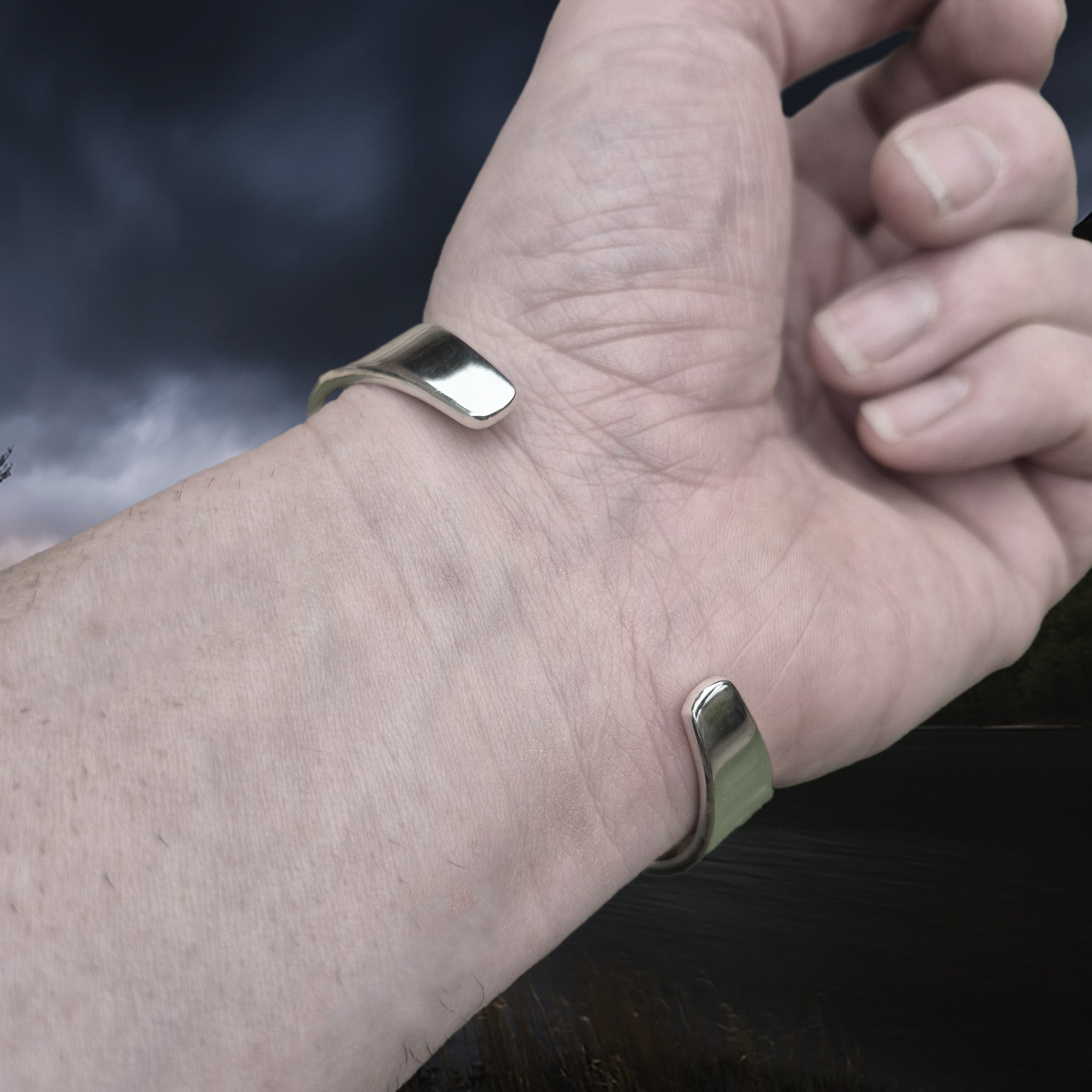 Silver Viking Bracelet / Arm Ring Replica From Anglesey with 5 Dot Design on Wrist - Back View