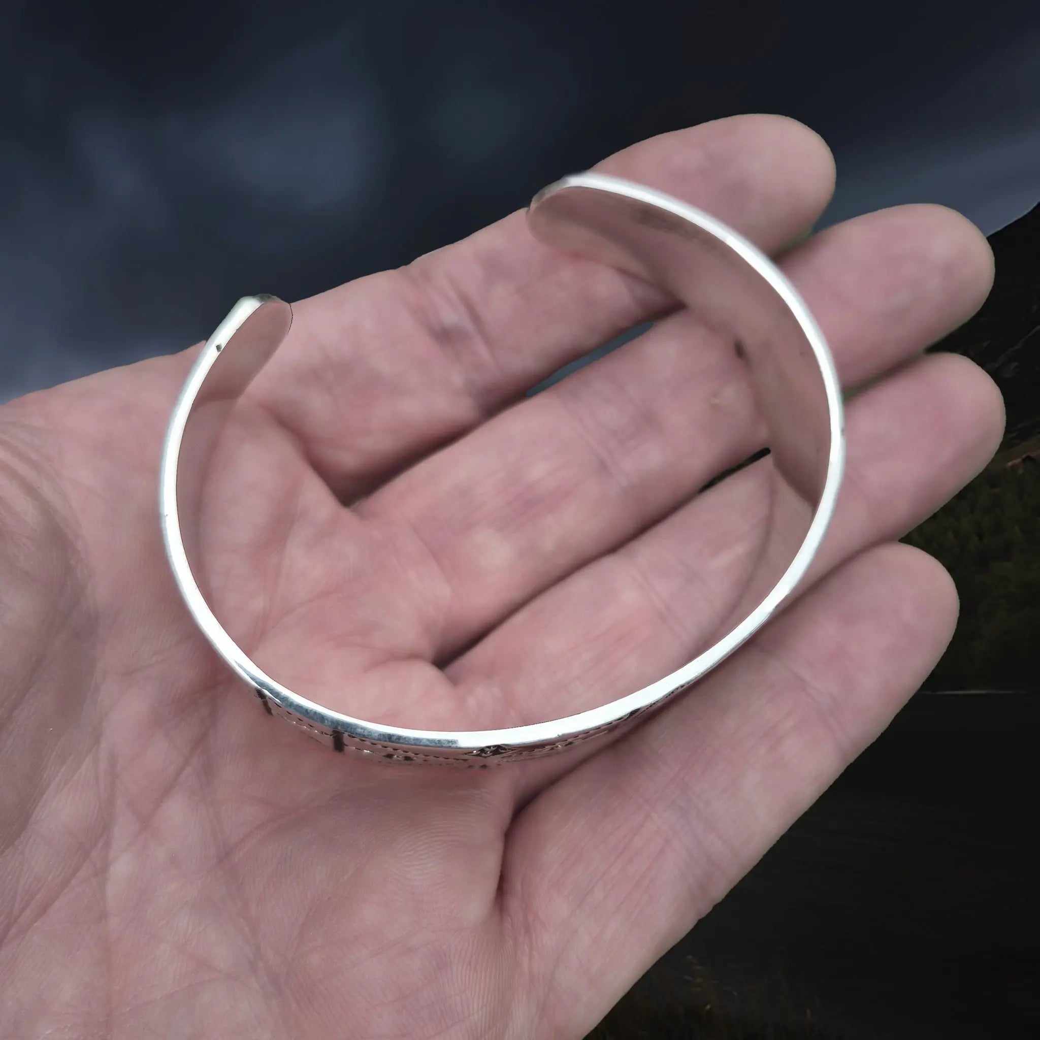 Silver Viking Bracelet / Arm Ring Replica From Anglesey with 4 Dot Design on Hand - Above View